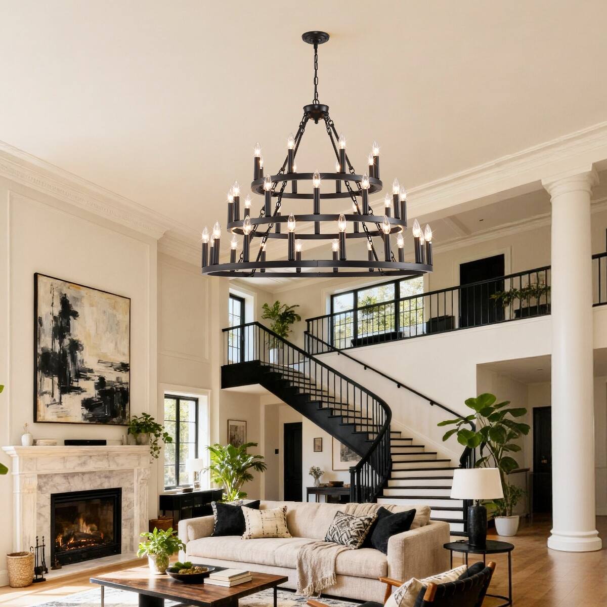 Alt View 4. Loheer - Loheer Three Tier Farmhouse Chandelier, Black Metal Wagon Wheel Design for High Ceilings.