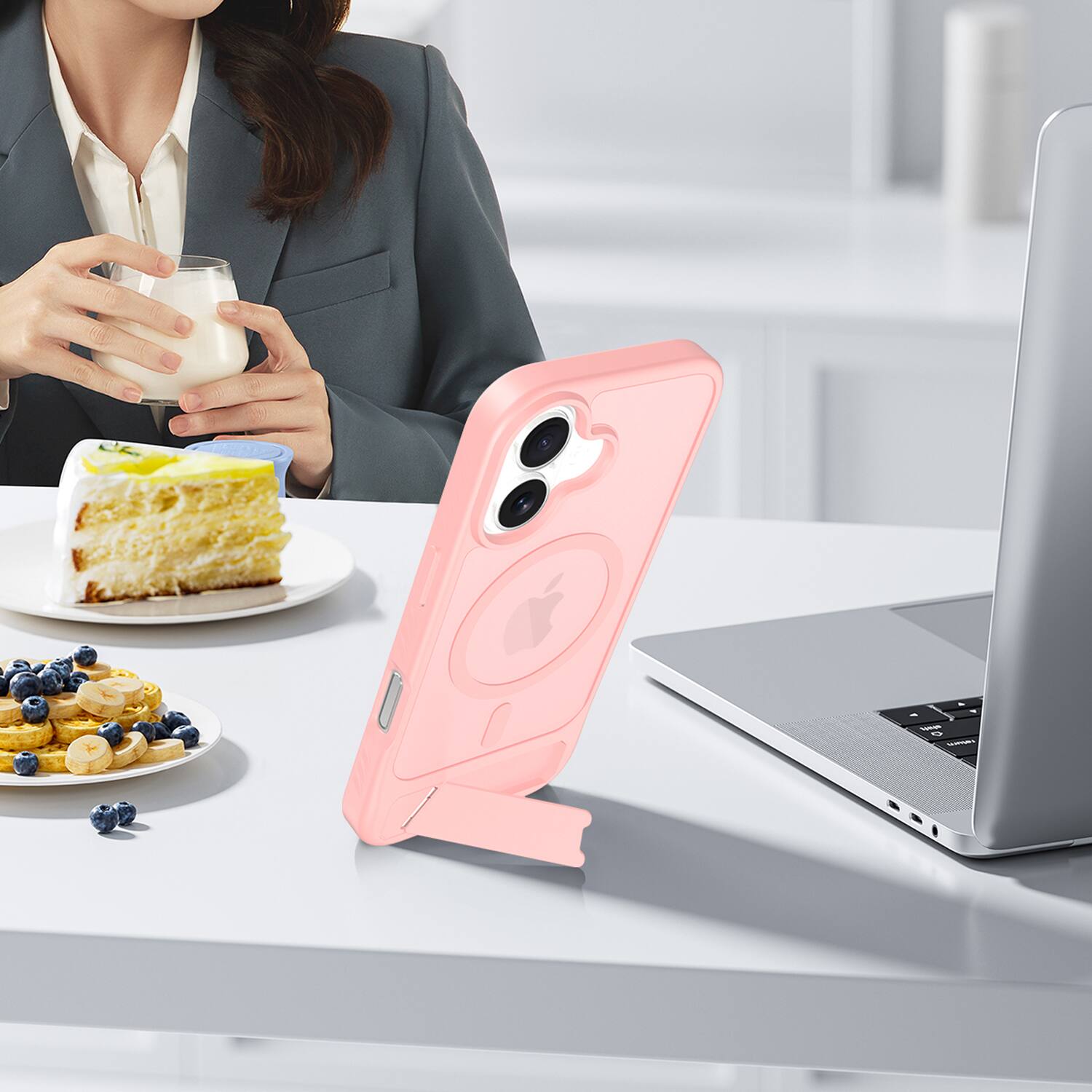 Alt View 3. Dteck - for Apple iPhone 17 Translucent Matte Case,Shockproof Stand Slim Mag Safe Cover with Glass Screen - Pink.