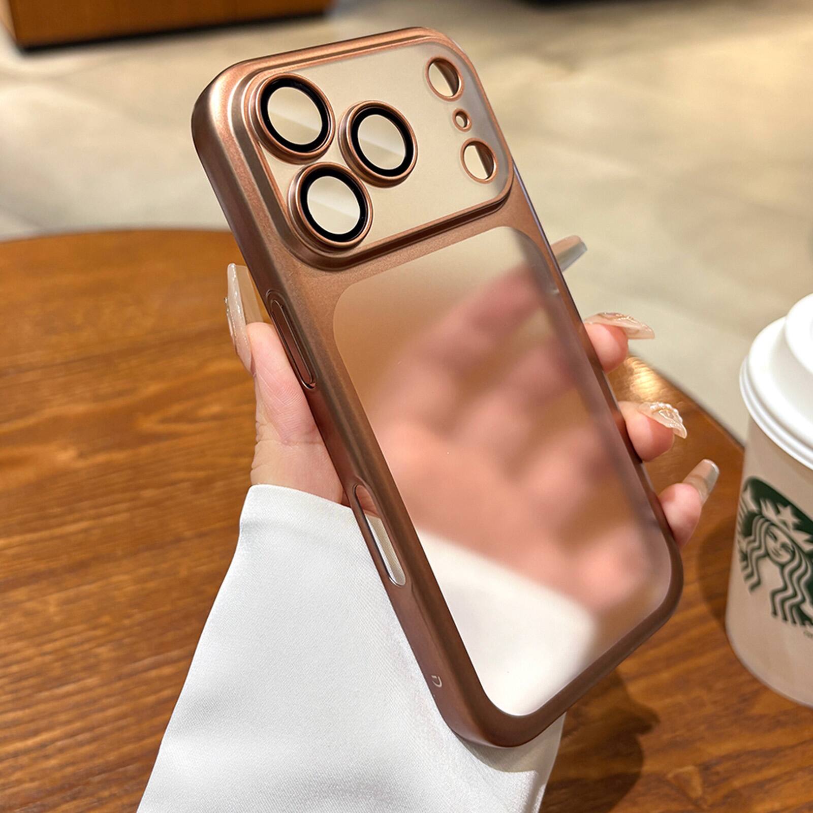 Back. Dteck - Plating Matte Case For iPhone 18 Pro Max with Camera Lens Screen Protector, Shockproof Frosted Translucent Cover - Desertgold.