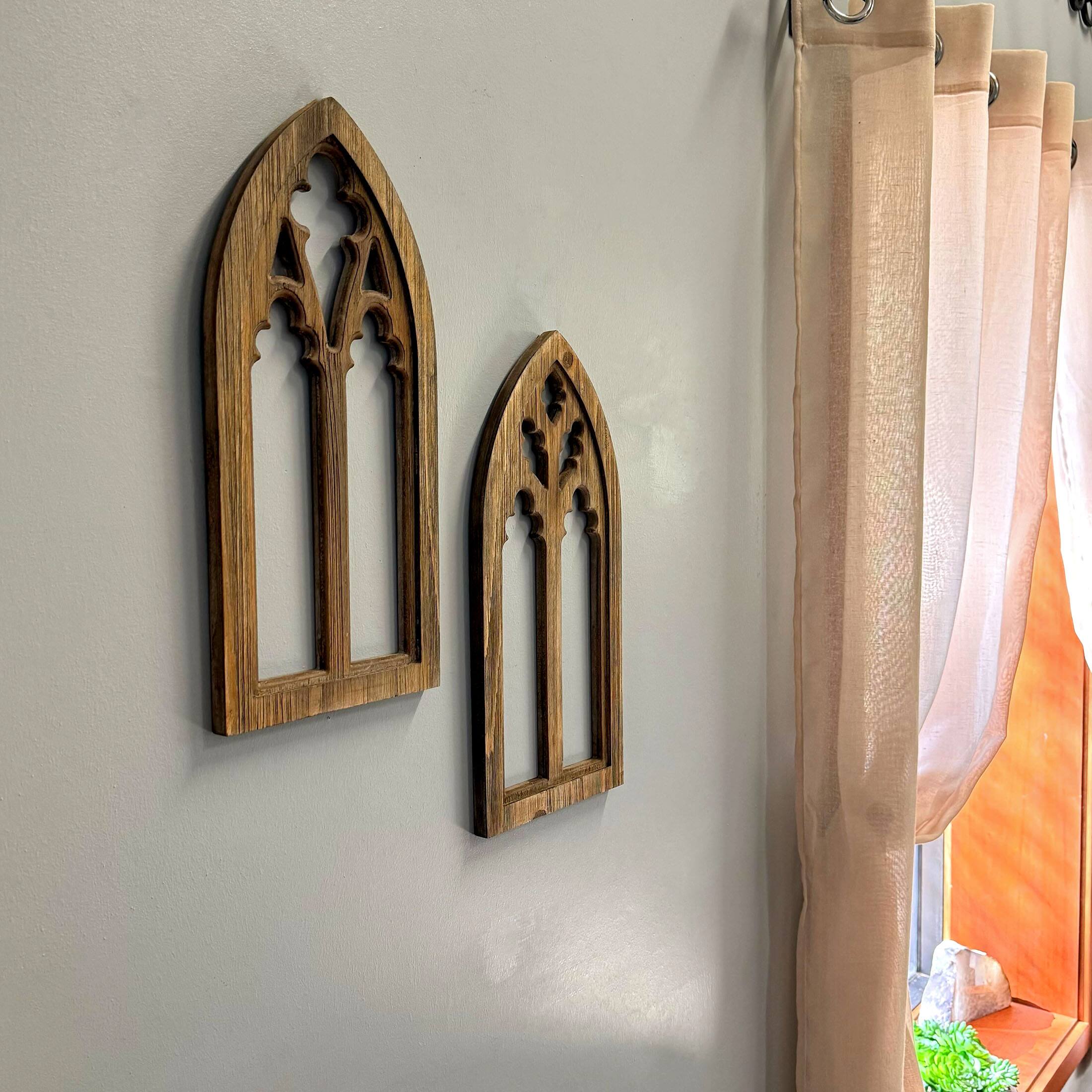 Alt View 4. Zeckos - Blackwashed Wood Gothic Arch Window Frame Wall Decor 2 Piece Set - Black.