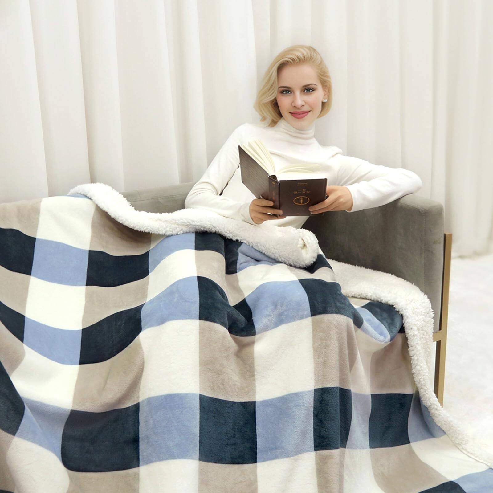 Alt View 7. ThinkLink Electronic - Sherpa Blanket Fleece Throw For Couch  Flannel Cozy Thick Warm Soft Bed Gray-soft Blue 60x80 Inches - Beige-1 60"*80" Checkered.