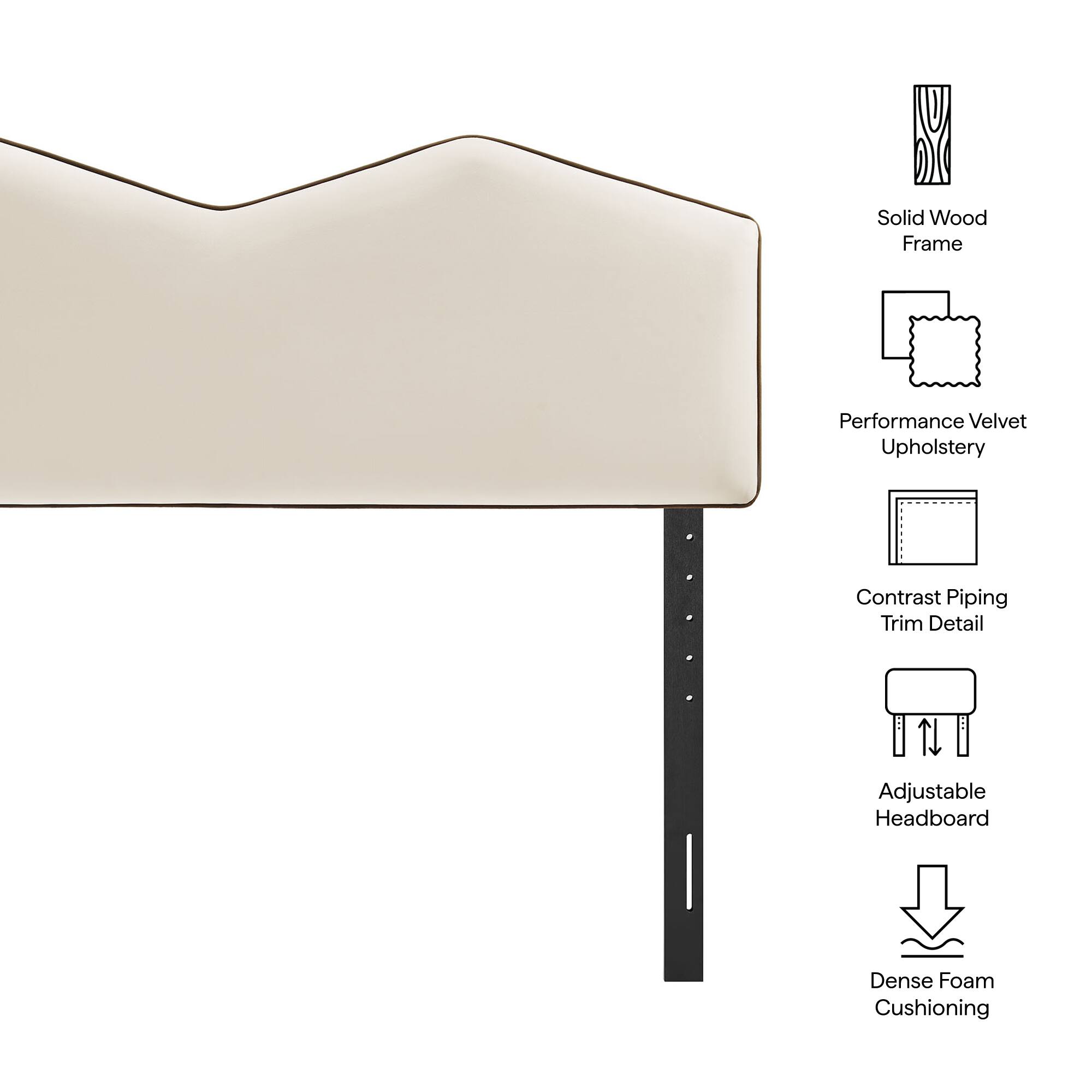 Solid Wood Frame  
Performance Velvet Upholstery  
Contrast Piping Trim Detail  
Adjustable Headboard  
Dense Foam Cushioning