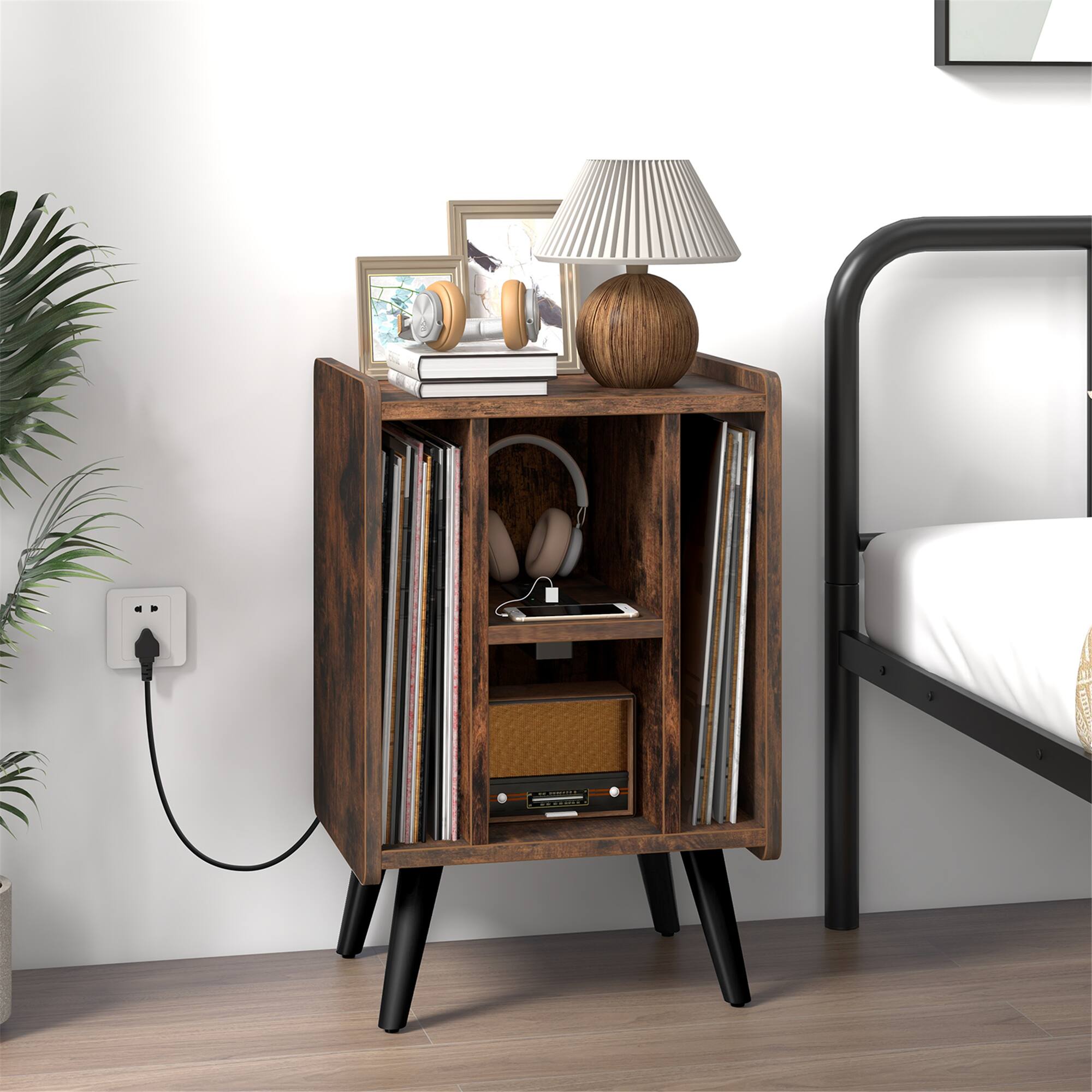 Alt View 9. Gymax - Gymax Record Player Stand w/ 4 Storage Compartments Supporting Legs Charging Station Brown - Brown.