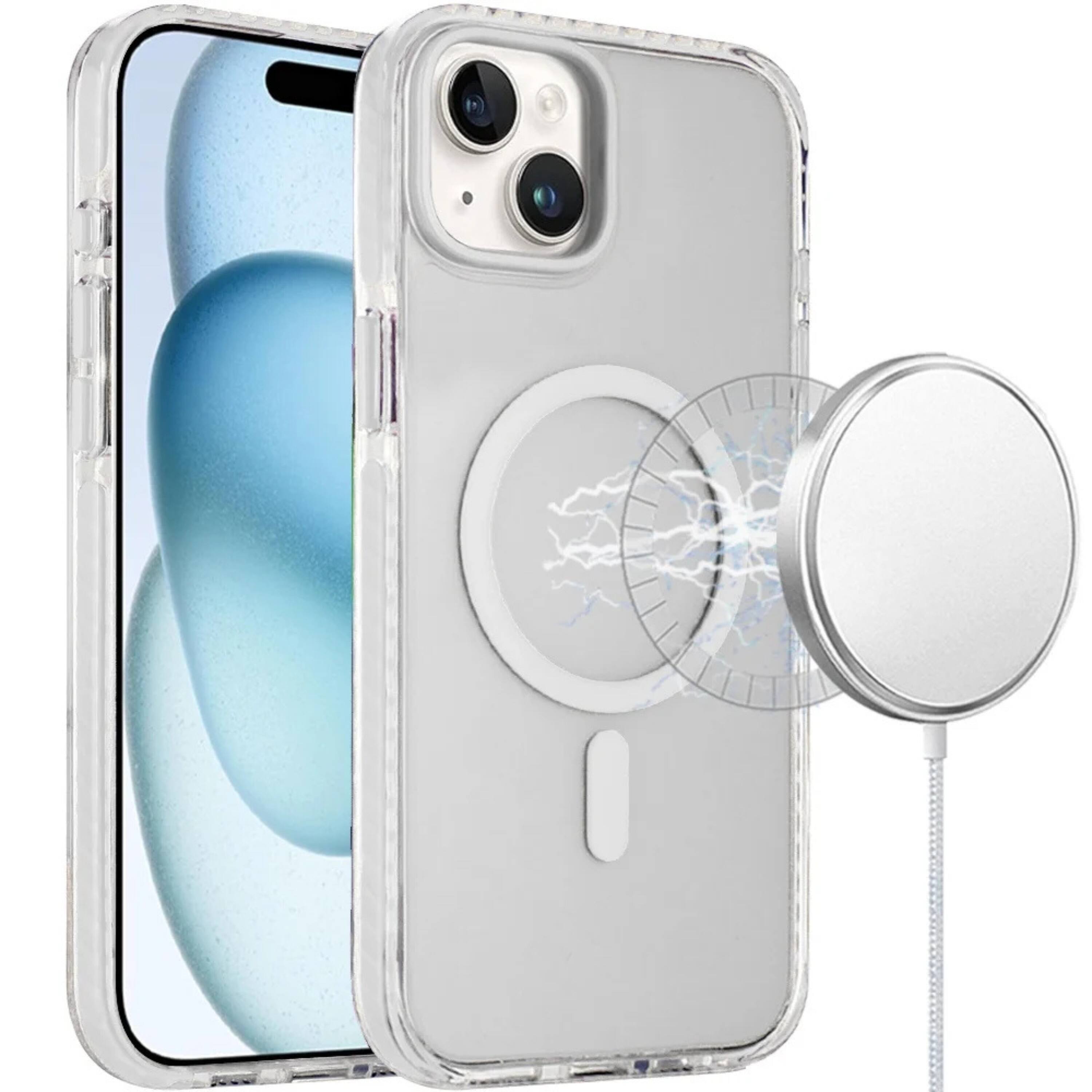 Front. Kitcheniva - Color Matching Trim Magnetic Circle Clear Case With 2 Tempered Glass For iPhone 15 White - White.