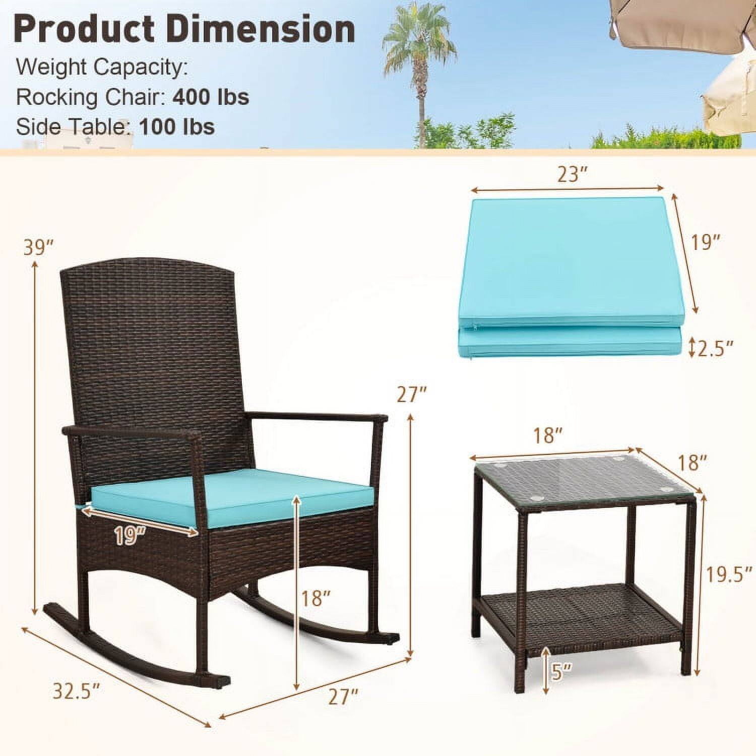 Product Dimension  
Weight Capacity:  
Rocking Chair: 400 lbs  
Side Table: 100 lbs  

Rocking Chair:  
- Height: 39"  
- Width: 27"  
- Depth: 19"  
- Seat Height: 18"  
- Armrest Height: 27"  
- Overall Length: 32.5"  

Side Table:  
- Height: 19.5"  
- Width: 18"  
- Depth: 18"  
- Seat Height: 5"  

Cushion:  
- Length: 23"  
- Width: 19"  
- Thickness: 2.5"