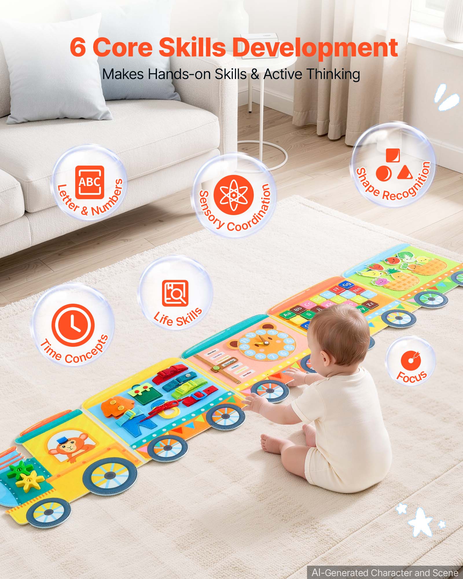 6 Core Skills Development Makes Hands-on Skills & Active Thinking

- ABC Letter & Numbers
- Shape Recognition
- Sensory Coordination
- Time Concepts
- Life Skills
- Focus

AI-Generated Character and Scene