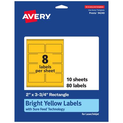 Go to avery.com/templates
AVERY
Use Avery Template Presta* 94240
8 labels per sheet
10 sheets
80 labels
2" x 3-3/4" Rectangle
Bright Yellow Labels with Sure Feed Technology for Laser/Inkjet