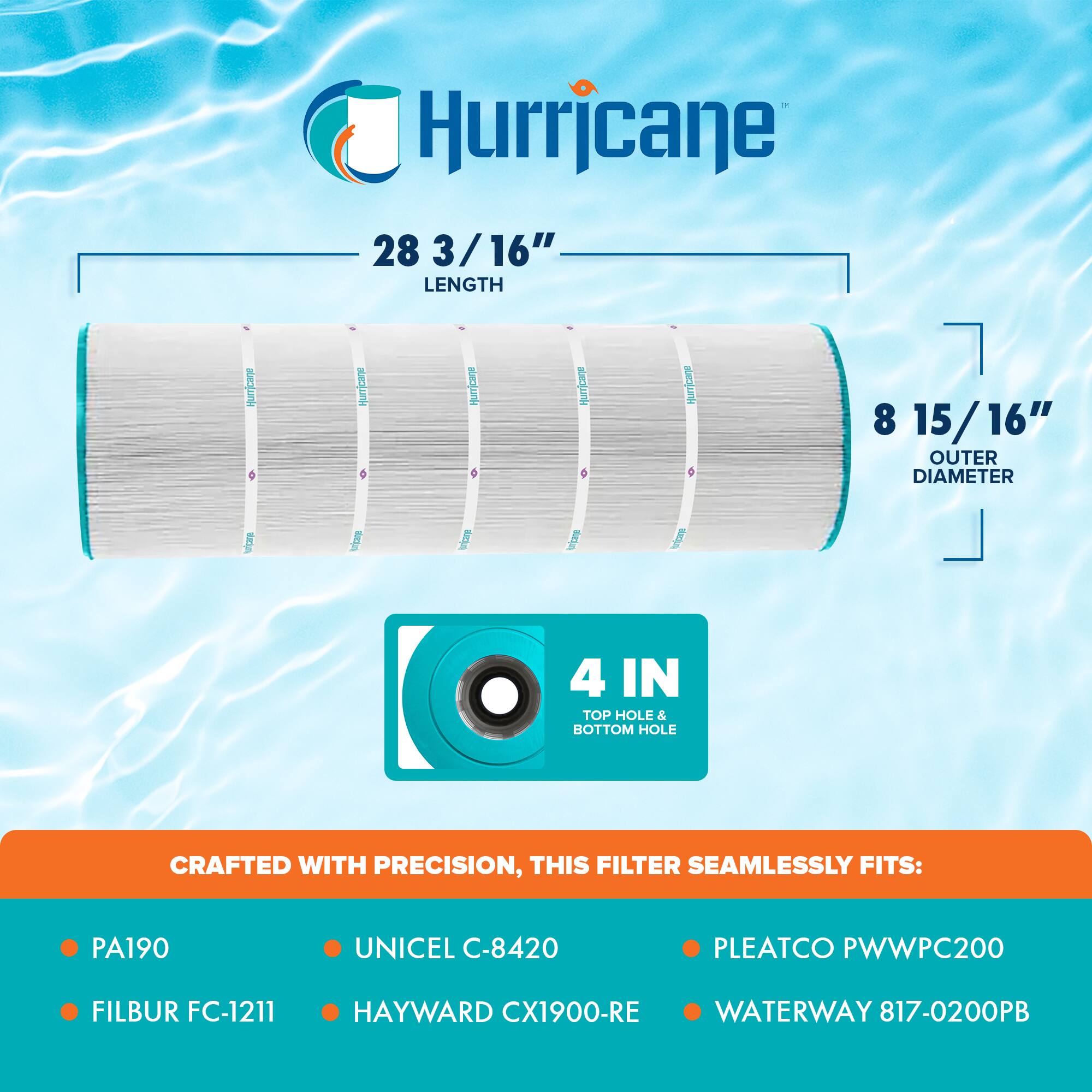 Hurricane

28 3/16" LENGTH

8 15/16" OUTER DIAMETER

4 IN TOP HOLE & BOTTOM HOLE

CRAFTED WITH PRECISION, THIS FILTER SEAMLESSLY FITS:

- PA190
- UNICEL C-8420
- FILBUR FC-1211
- HAYWARD CX1900-RE
- PLEATCO PWWPC200
- WATERWAY 817-0200PB
