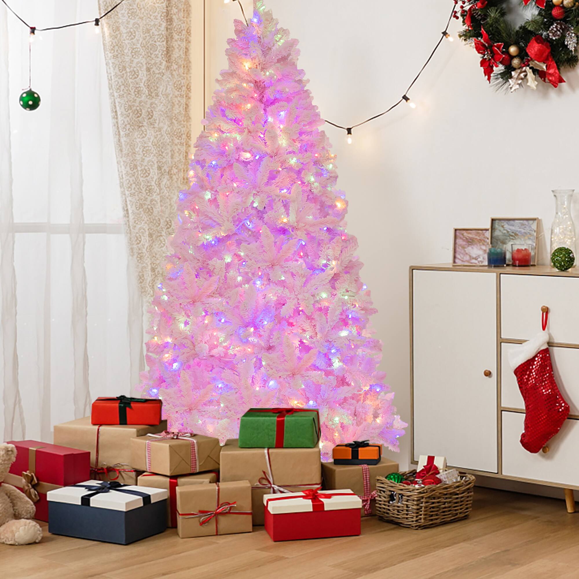 Alt View 1. Gymax - Gymax 7 FT Pre-Lit Artificial Christmas Tree Lighted Pink Snow Flocked Xmas Tree w/1200 Branch Tips & 500 LED Lights - Pink.