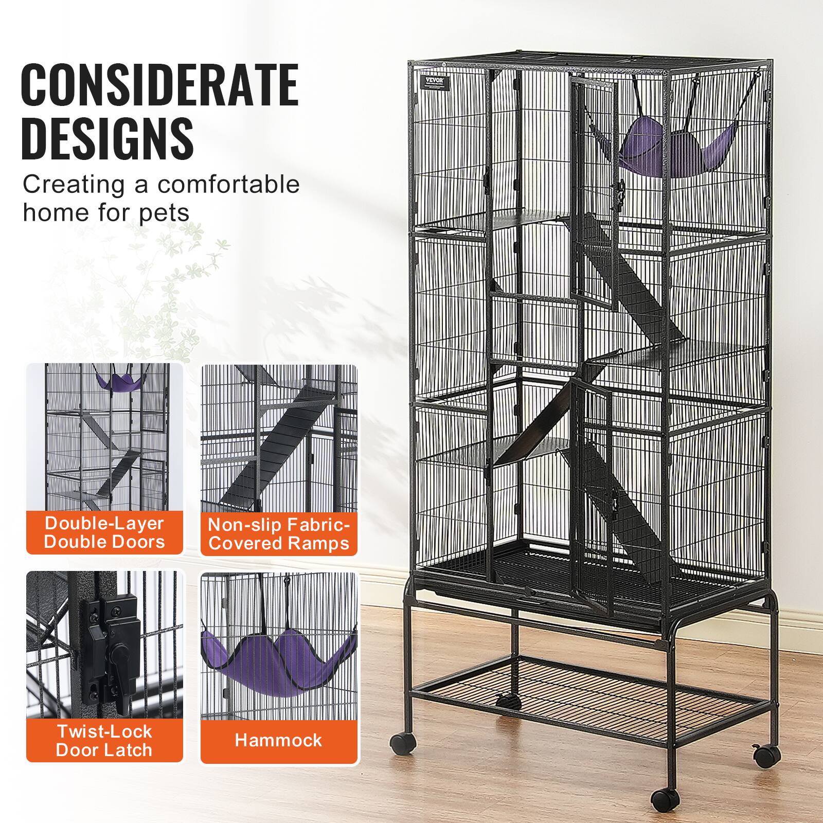 CONSIDERATE DESIGNS  
Creating a comfortable home for pets  

Double-Layer Double Doors  
Non-slip Fabric-Covered Ramps  
Twist-Lock Door Latch  
Hammock