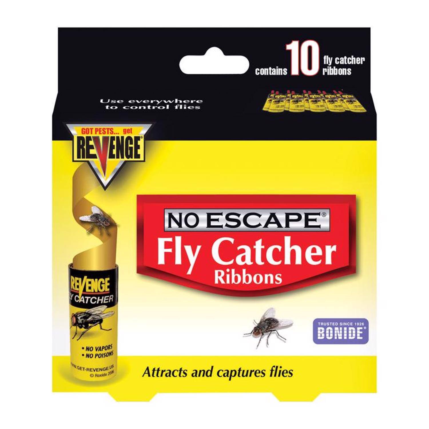 contains 10 fly catcher ribbons  
Use everywhere to control flies  
GOT PESTS... get REVENGE  
NO ESCAPE Fly Catcher Ribbons  
NO VAPORS NO POISONS  
Attracts and captures flies  
TRUSTED SINCE 1926 BONIDE