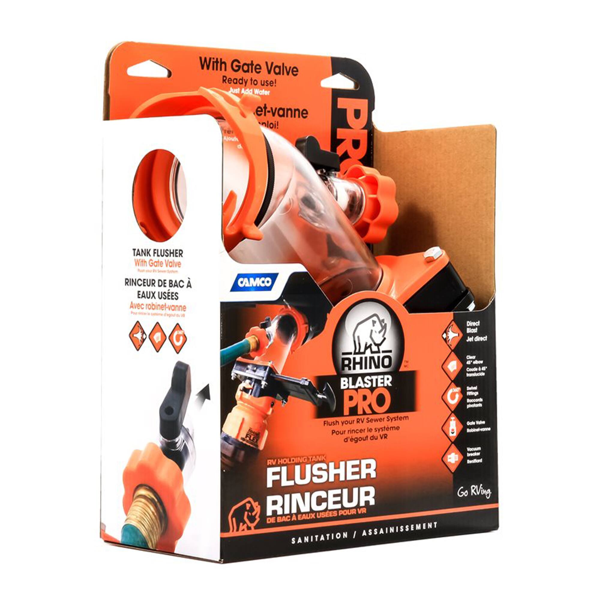 With Gate Valve  
Ready to use!  
Just Add Water!  
et-vanne  
nloi!  

TANK FLUSHER  
With Gate Valve  
RINCEUR DE BAC À EAUX USÉES  
Avec robinet-vanne  

CAMCO  

RHINO  
BLASTER PRO  
Flush your RV Sewer System  
Pour rincer le système d'égout du VR  

FLUSHER  
RINCEUR  
EAUX USÉES POUR VR  
SANITATION / ASSAINISSEMENT  

Go RVing