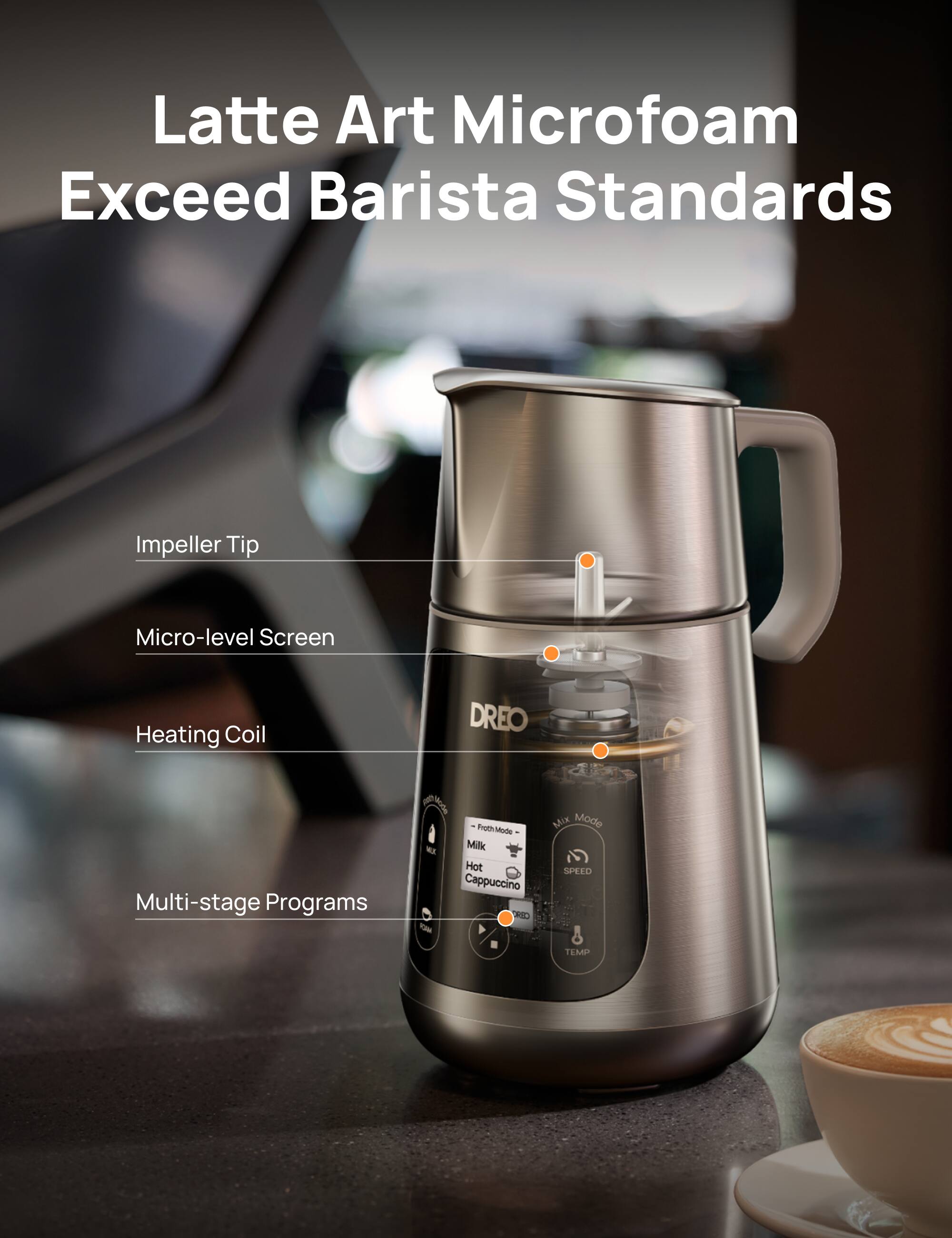 Latte Art Microfoam Exceed Barista Standards  
Impeller Tip  
Micro-level Screen  
Heating Coil  
DREO Multi-stage Programs  
- Froth Mode  
- Milk  
- Hot  
- Cappuccino  
- RO i Mix Mode  
- SPEED & TEMP