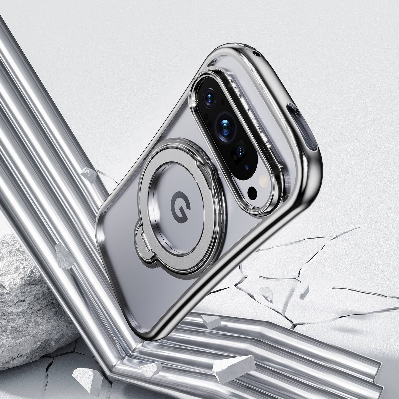 Alt View 2. Dteck - Hands-Free Crossbody Magnetic Case for Google Pixel 10 Pro XL with 360 Ring Stand, Clear Shockproof TPU Protective Cover - Silver.