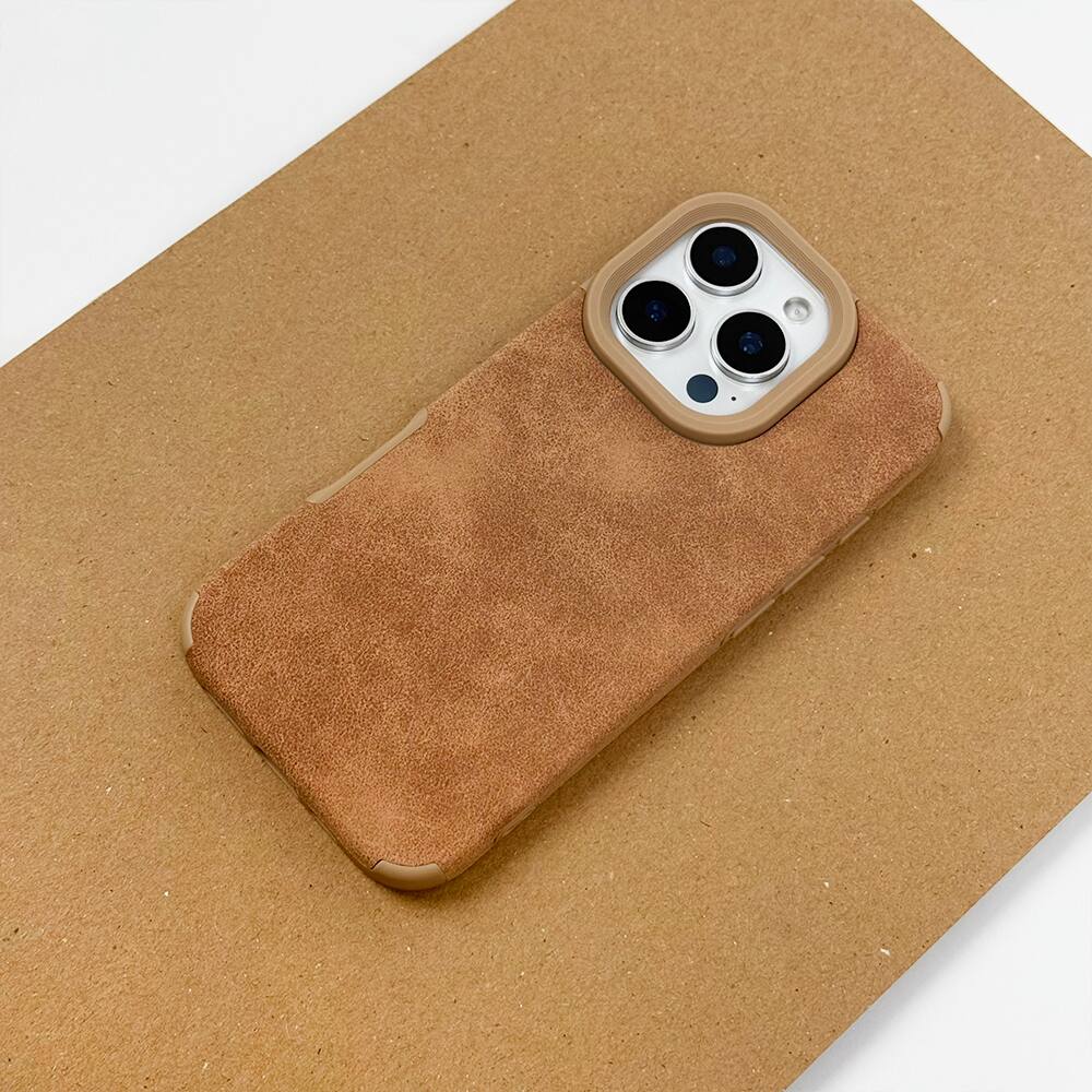 Left. Gravity Ridge - Phone case for iPhone 14 Pro Max, Ultra Thin Suede Design Corner Camera Lens Protection Soft Shockproof Phone Cover - Brown.
