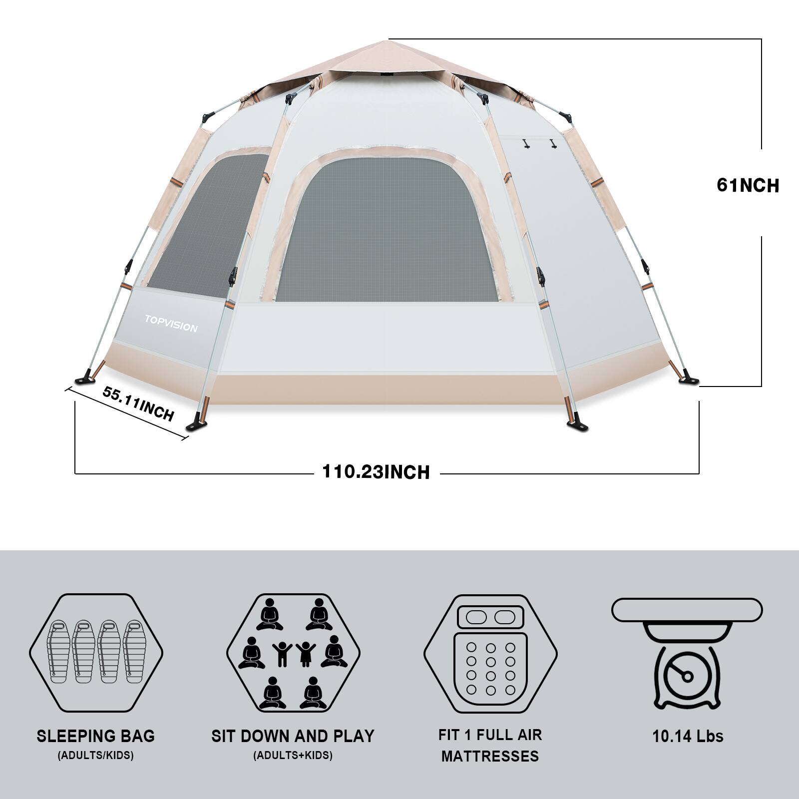61INCH TOPVISION 55.11INCH 110.23INCH SLEEPING BAG (ADULTS/KIDS) SIT DOWN AND PLAY (ADULTS+KIDS) FIT 1 FULL AIR MATTRESSES 10.14 Lbs