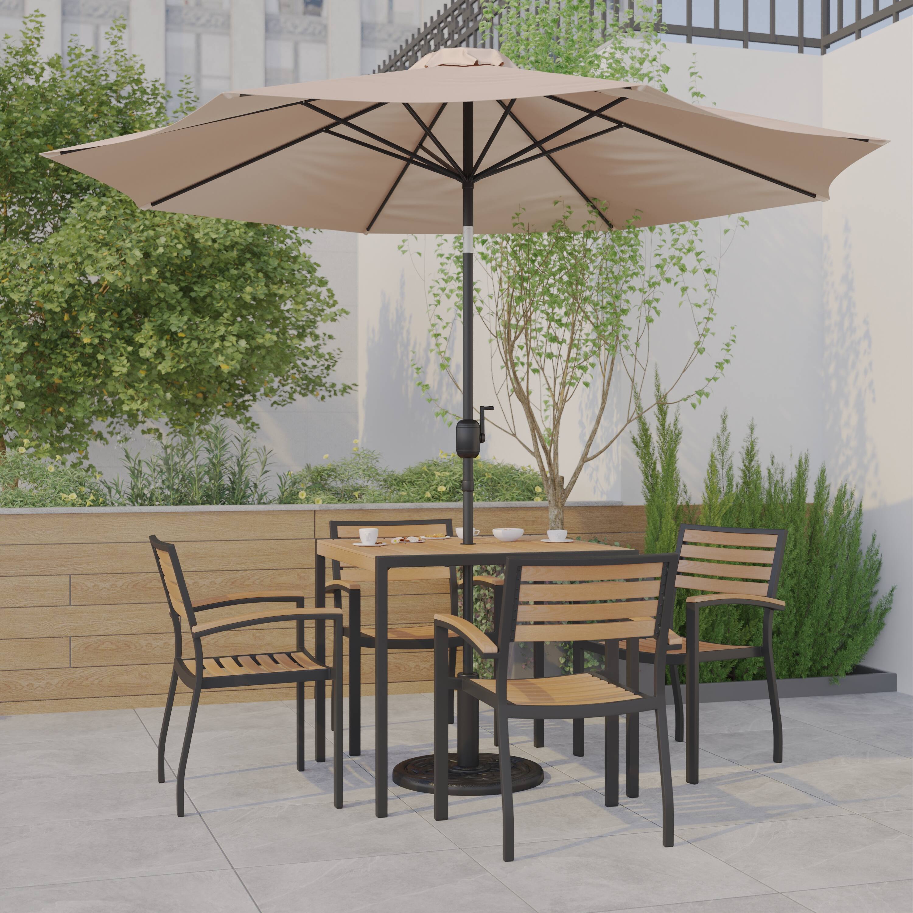 Alt View 1. Emma + Oliver - 7 Piece Patio Table Set - 4 Synthetic Faux Teak Stackable Chairs - Faux Teak Table - Umbrella with Base - Tan.