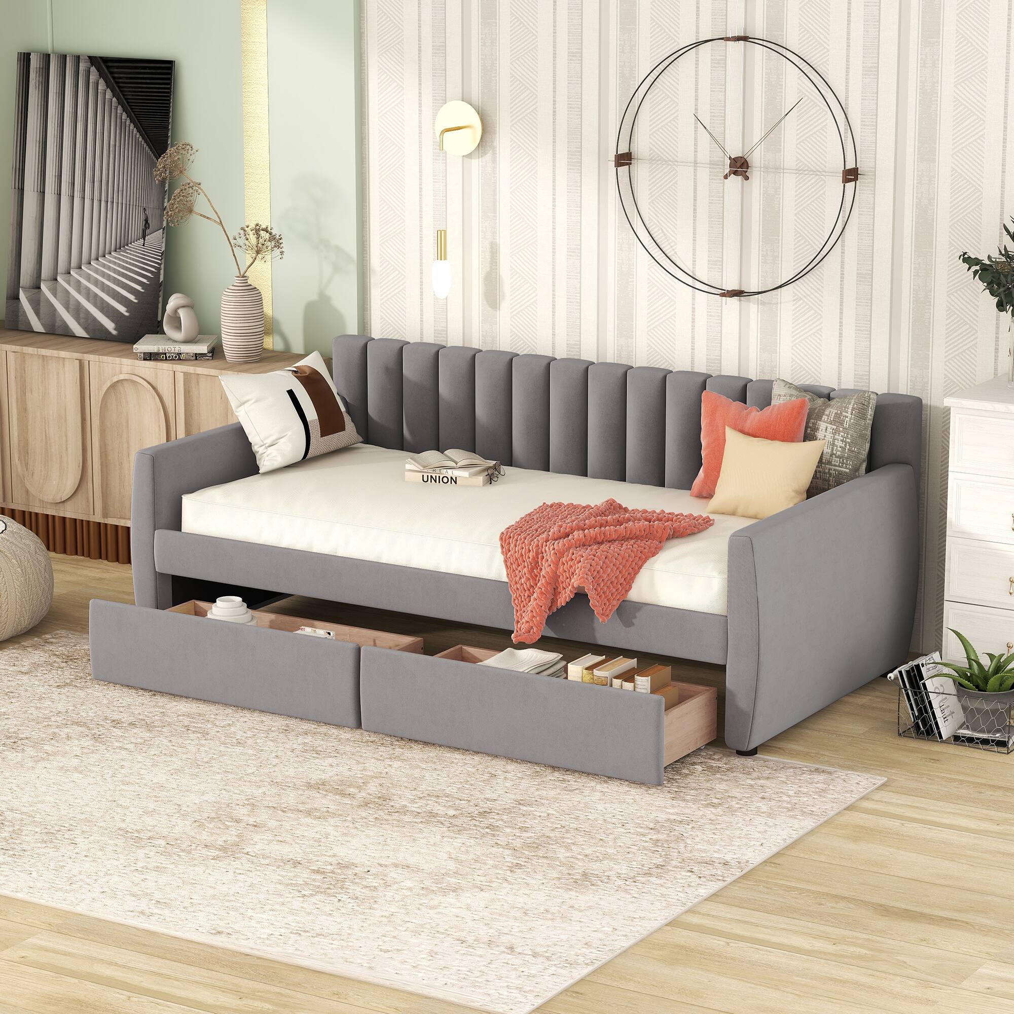 Front. Tiramisubest - Twin Size Upholstered daybed with Drawers, Wood Slat Support, Gray - Gray.