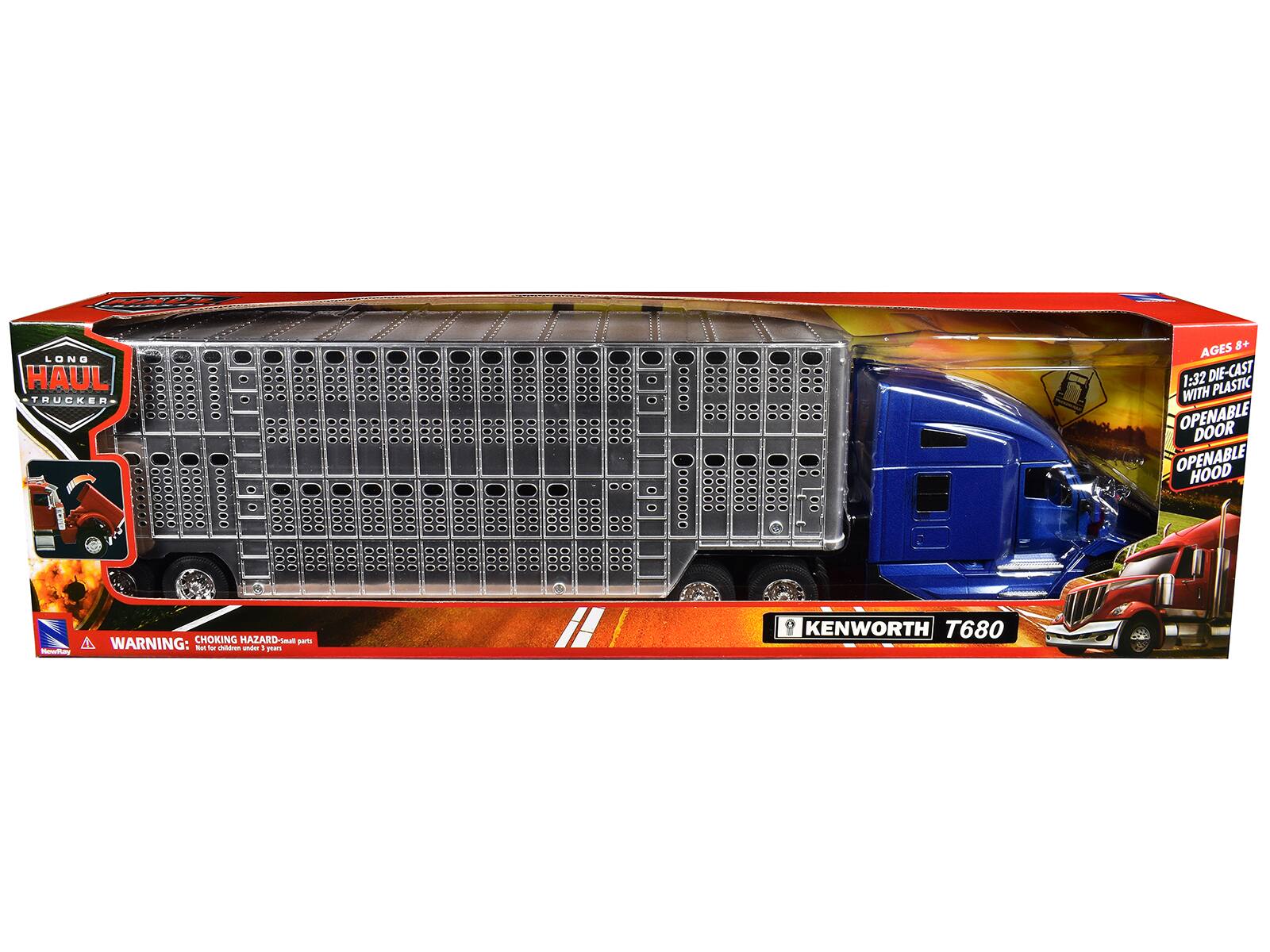 LONG HAUL TRUCKER  
AGES 8+  
1:32 DIE-CAST WITH PLASTIC OPENABLE DOOR OPENABLE HOOD  
WARNING: CHOKING HAZARD - Small parts. Not for children under 3 years.  
KENWORTH T680