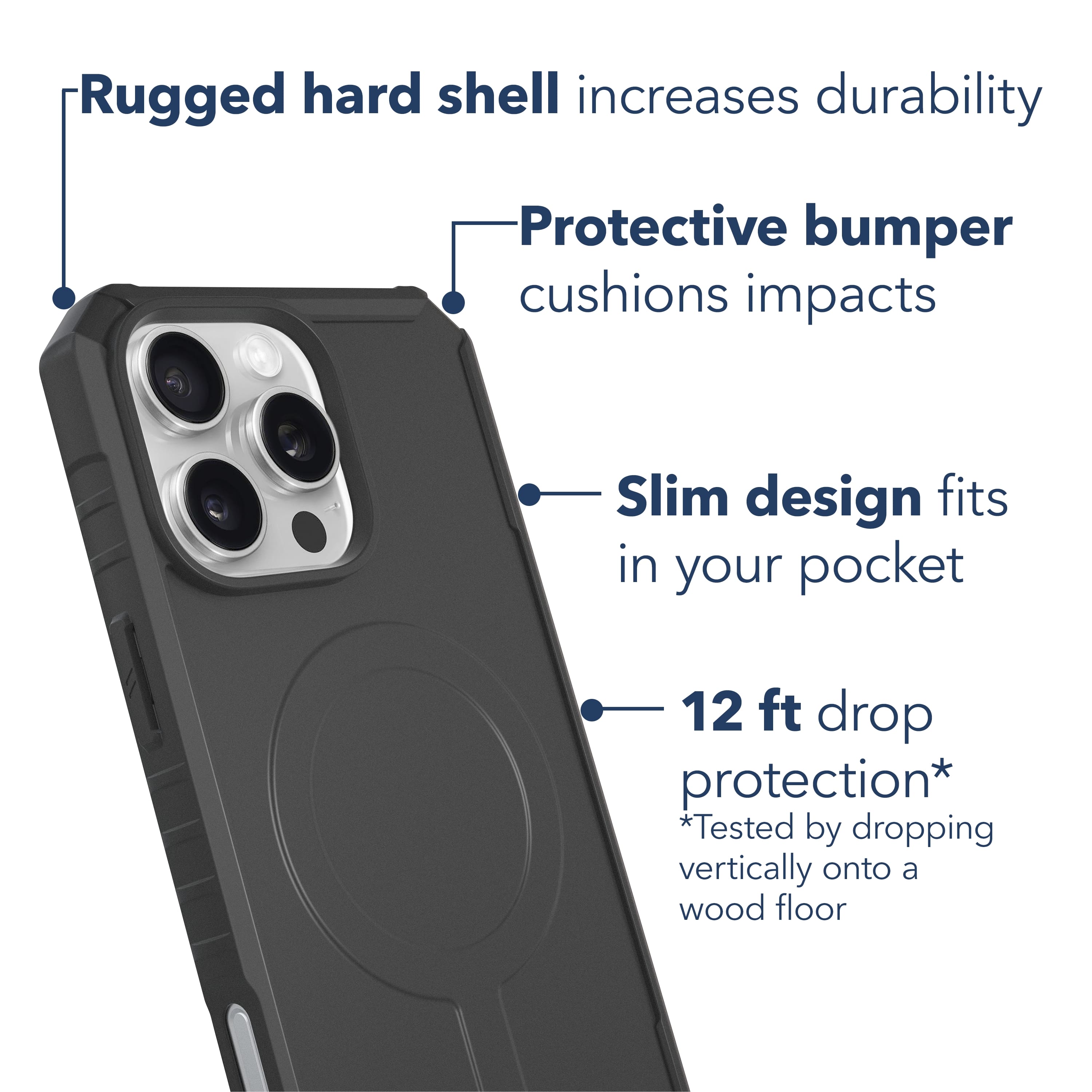 Rugged hard shell increases durability. Protective bumper cushions impacts. Slim design fits in your pocket. 12 ft drop protection. *Tested by dropping vertically onto a wood floor.