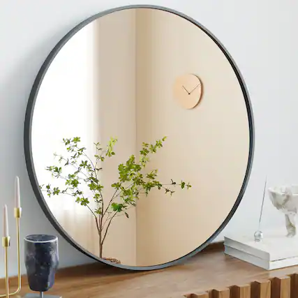 Front. Bestier - Bestier Black 24 in. Round Wall Mirror for Over Sink, Circle Mirror for Bathroom, Entryway, Bedroom, Vanity - Black.