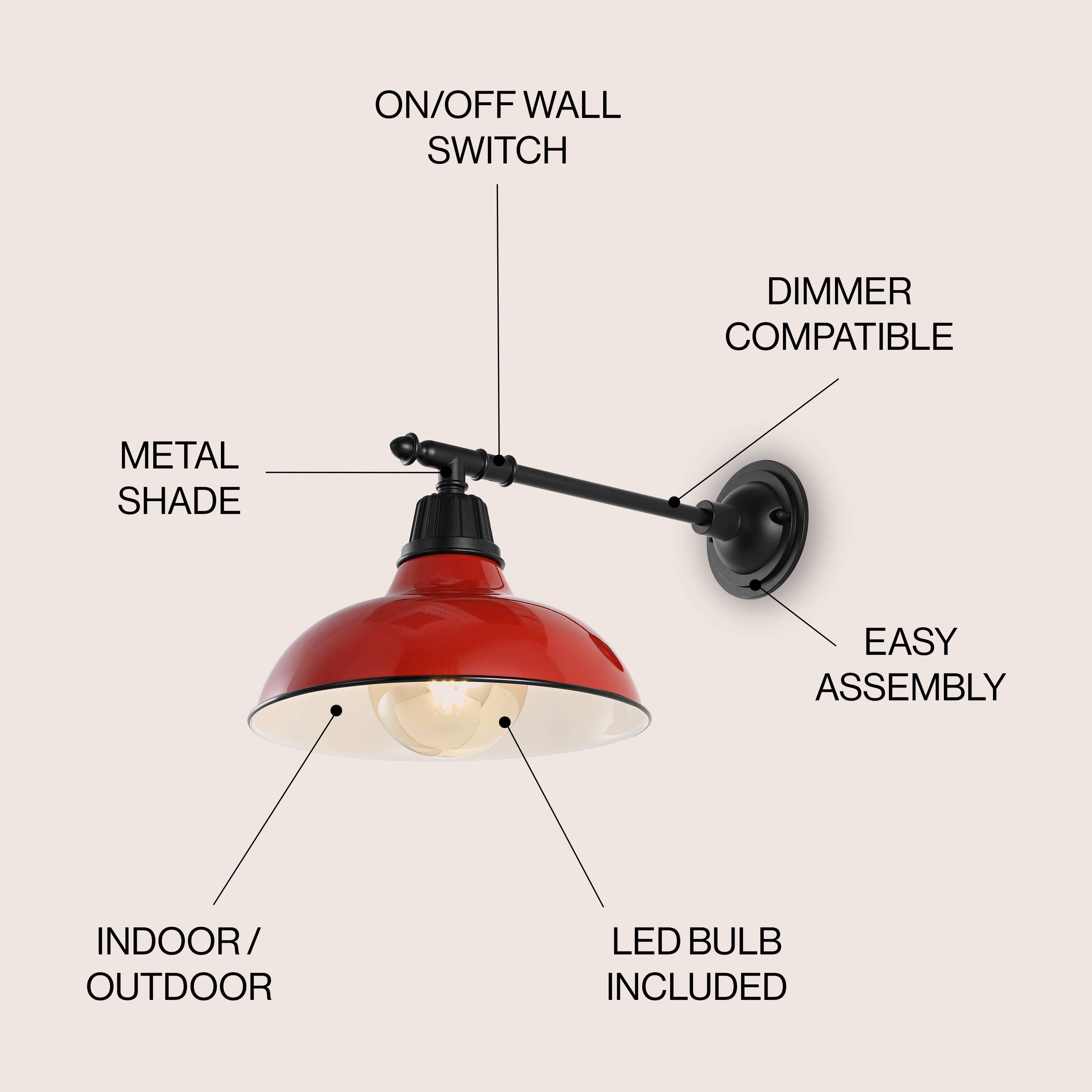 ON/OFF WALL SWITCH  
DIMMER COMPATIBLE  
METAL SHADE  
EASY ASSEMBLY  
INDOOR/OUTDOOR  
LED BULB INCLUDED