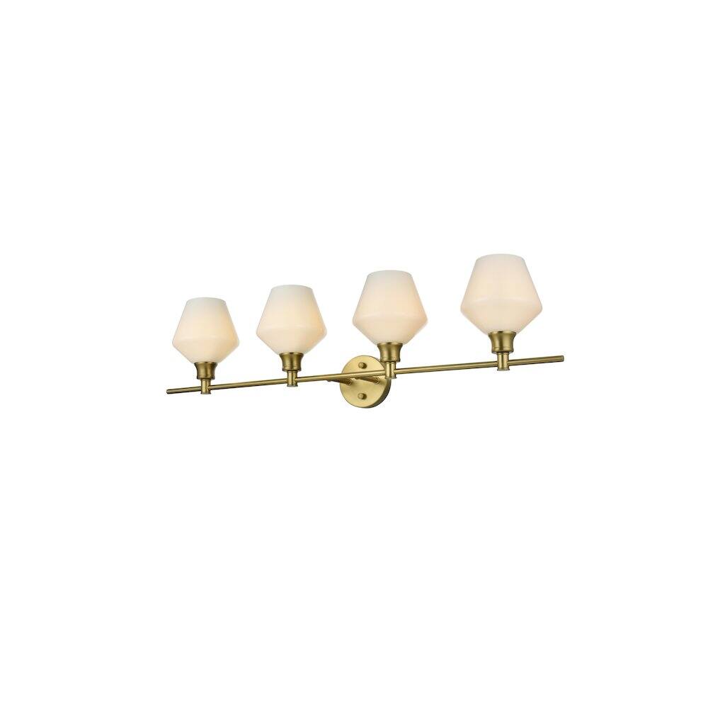 Left. Living District - Gene 4 Light Satin Gold and Frosted White Glass Wall Sconce - Satin Gold.