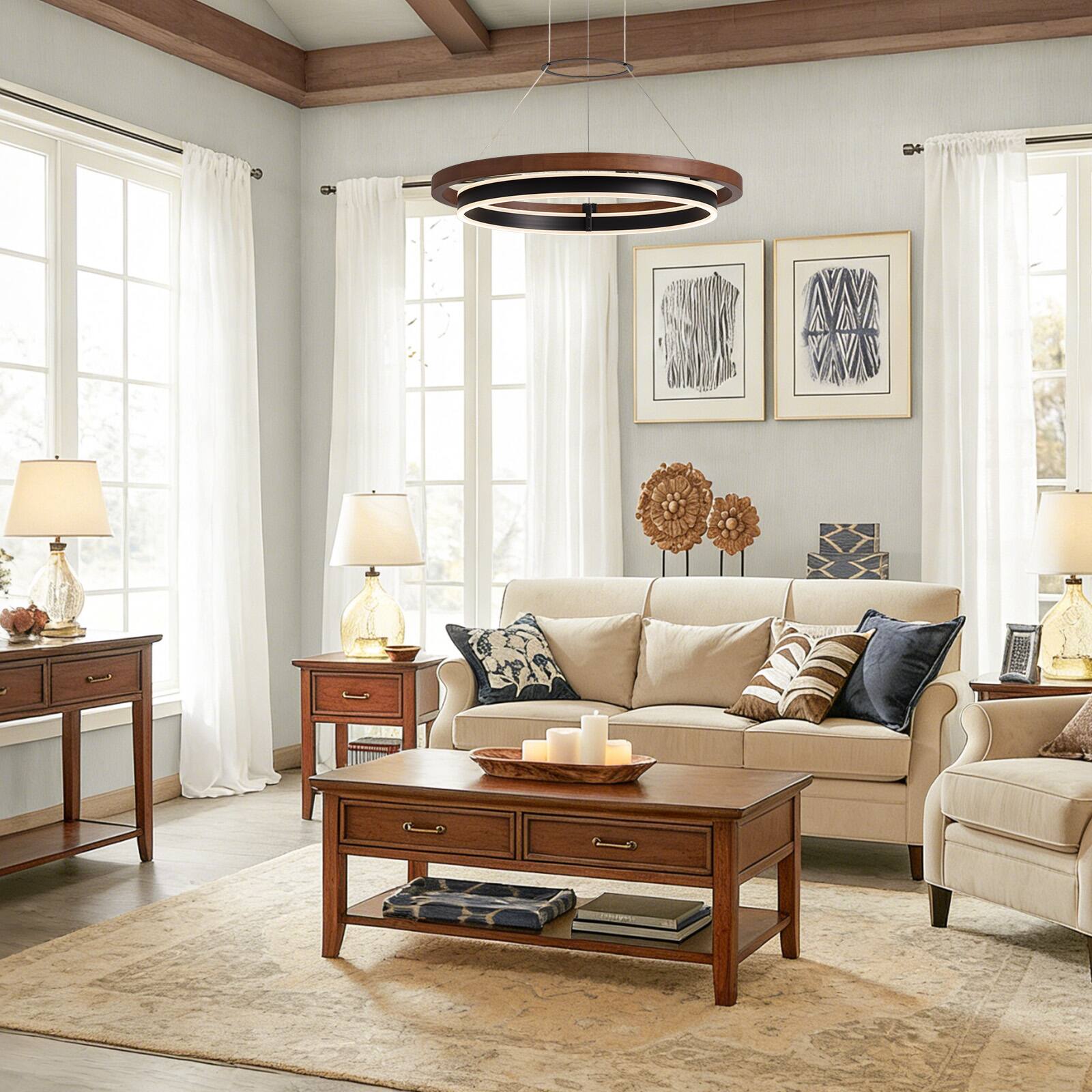 Alt View 4. Siljoy - 23.6 Inch Double Ring LED Pendant Light, Modern Wood Grain Nordic Chandelier for Living Room Dining Bedroom - Brown.