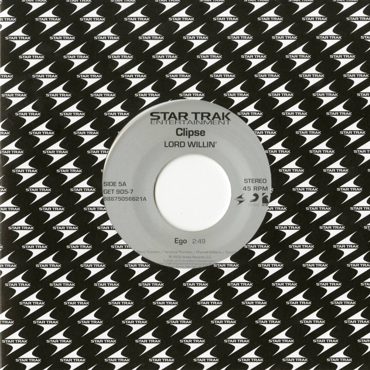Sure, here is the corrected and grouped text from the image:

---

**STAR TRAK ENTERTAINMENT**

**Clipse**

**LORD WILLIN'**

**SIDE 5A**

**STEREO**

**45 RPM**

**GET 905-7**

**88875056621A**

**Ego 2:49**

**Thoriin Terrerce Thornton / Pharrell Williams**

**© 2002 Star Trak Records LLC**

**All Rights Reserved**

---

This text is organized as it appears on the image.