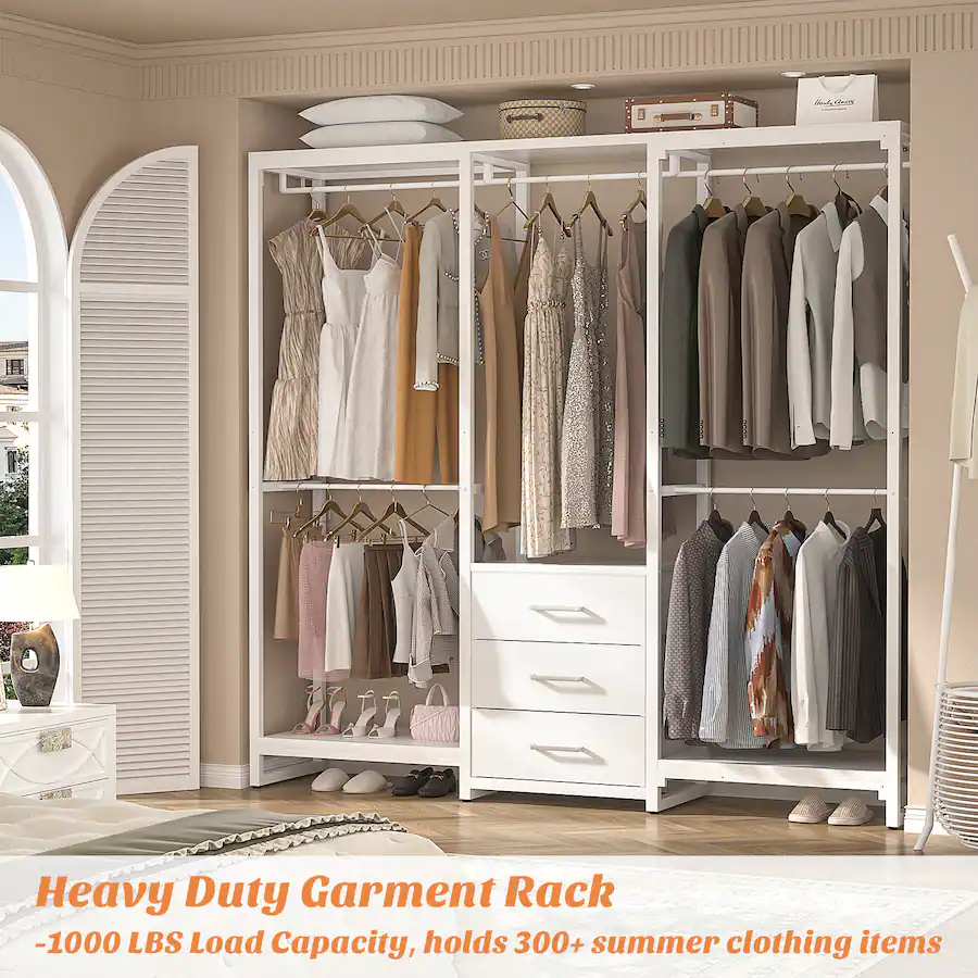 Numios Clothes Rack Aheaplus Sturdy Metal Garment Rack with 3 Fabric Drawers, Wall Mounted ...