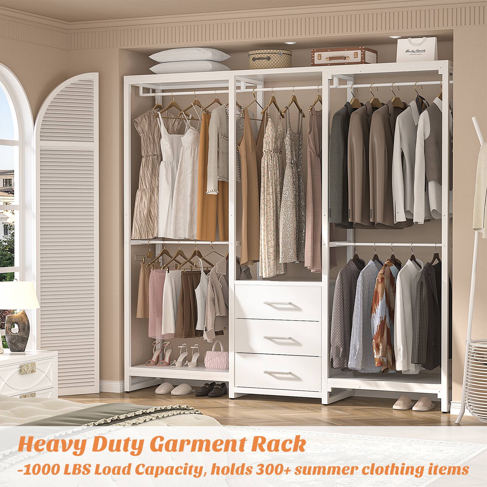 Heavy Duty Garment Rack  
-1000 LBS Load Capacity, holds 300+ summer clothing items