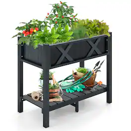 Gymax - HIPS Raised Garden Bed Poly Wood Elevated Planter Box w/ Legs & Storage Shelf - Black