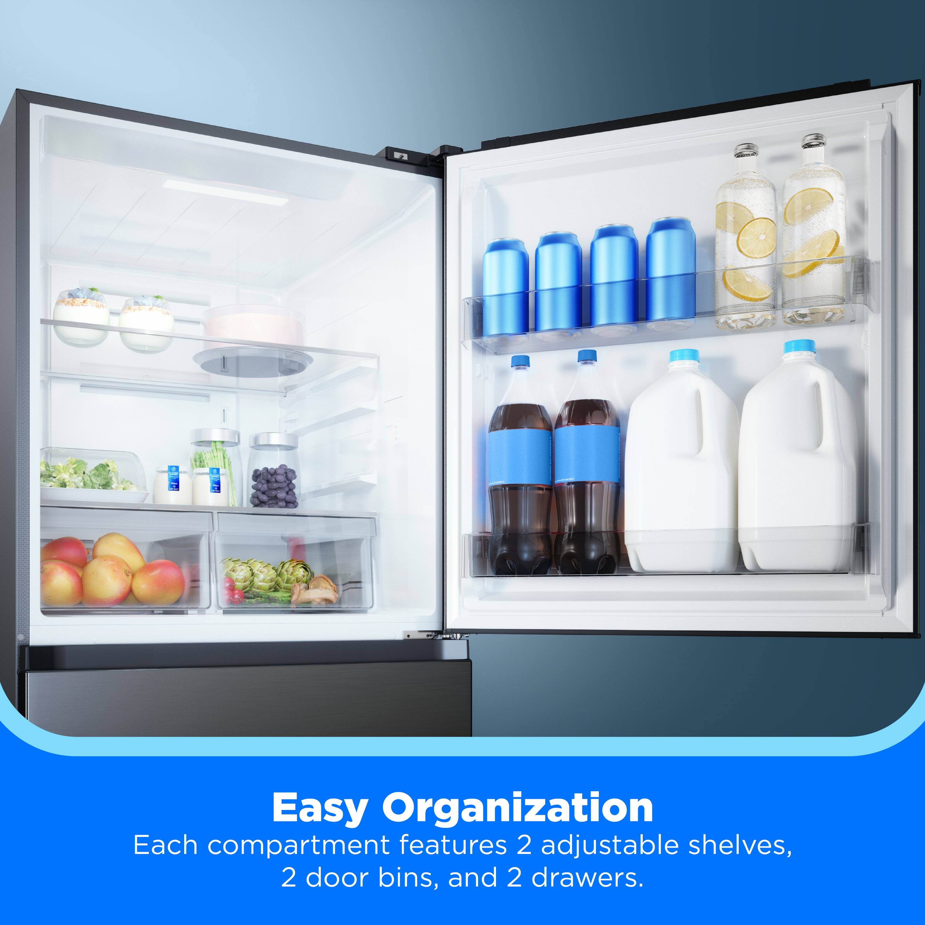 Easy Organization  
Each compartment features 2 adjustable shelves, 2 door bins, and 2 drawers.