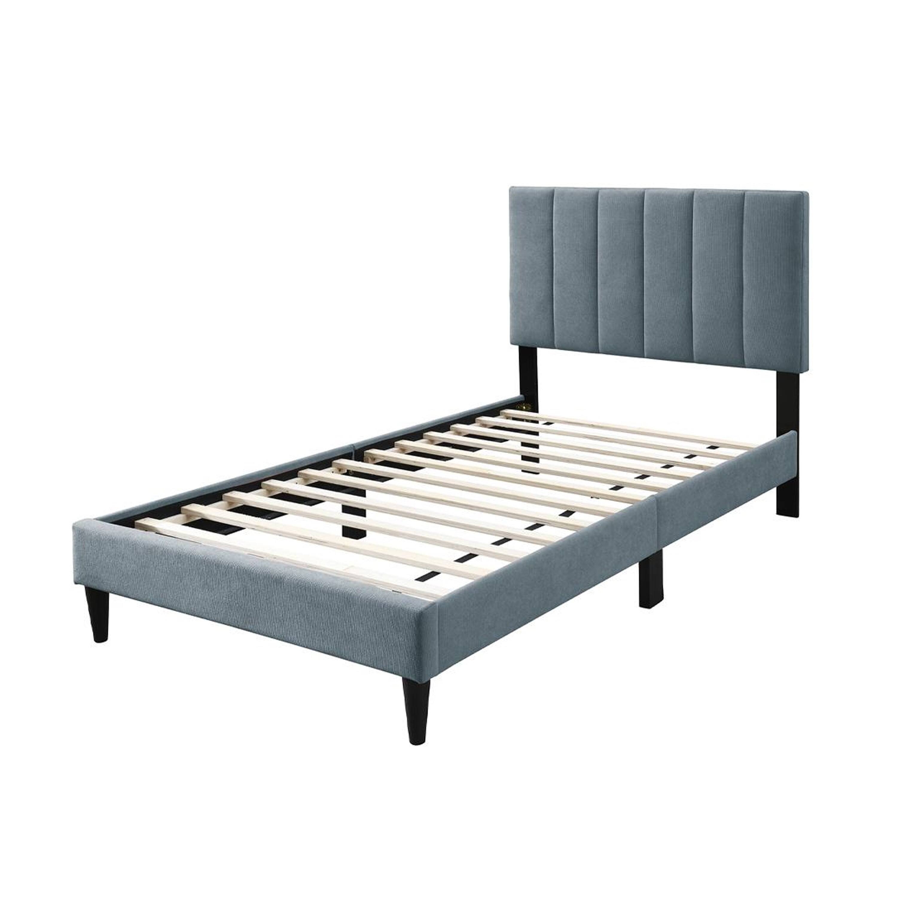 Angle. Manhattan Lane - Lilian Full Bed, Soft Channel Tufted Light Gray Linen Upholstery - Gray, Black.