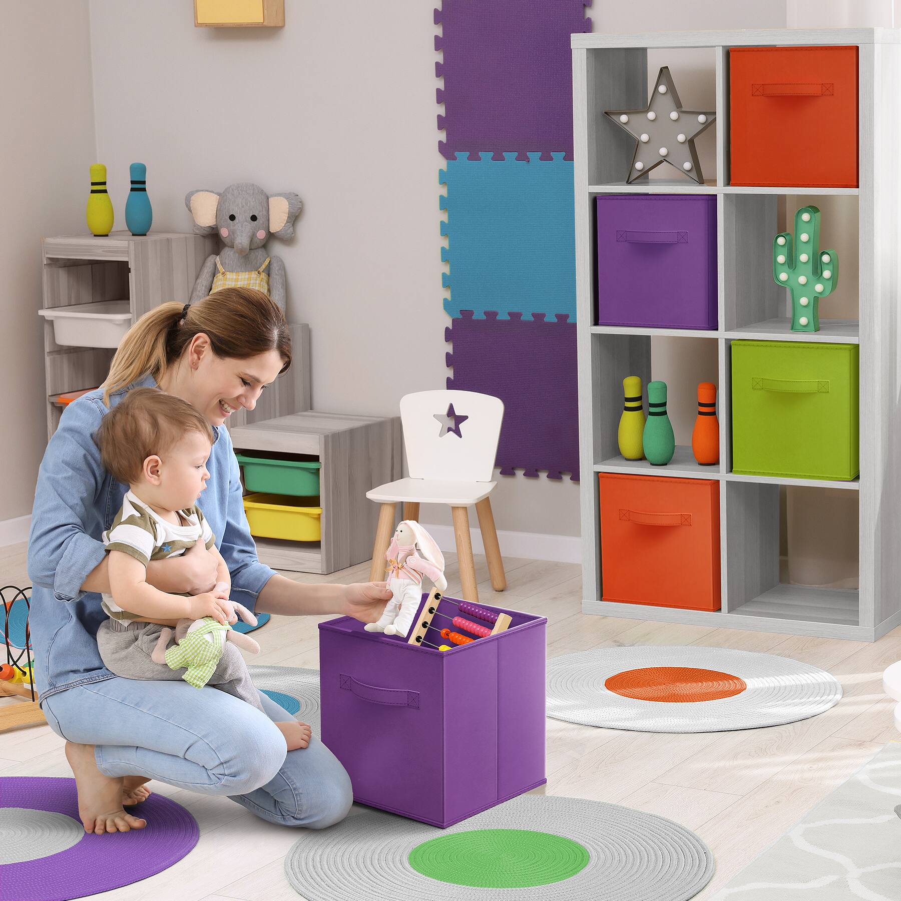 Alt View 1. Sorbus - Sorbus Fabric Storage Cubes, 8 Foldable Storage Bins for Organizing Pantry, Cubbies, Toy Box, Clothes Storage - Purple, Green, Orange.