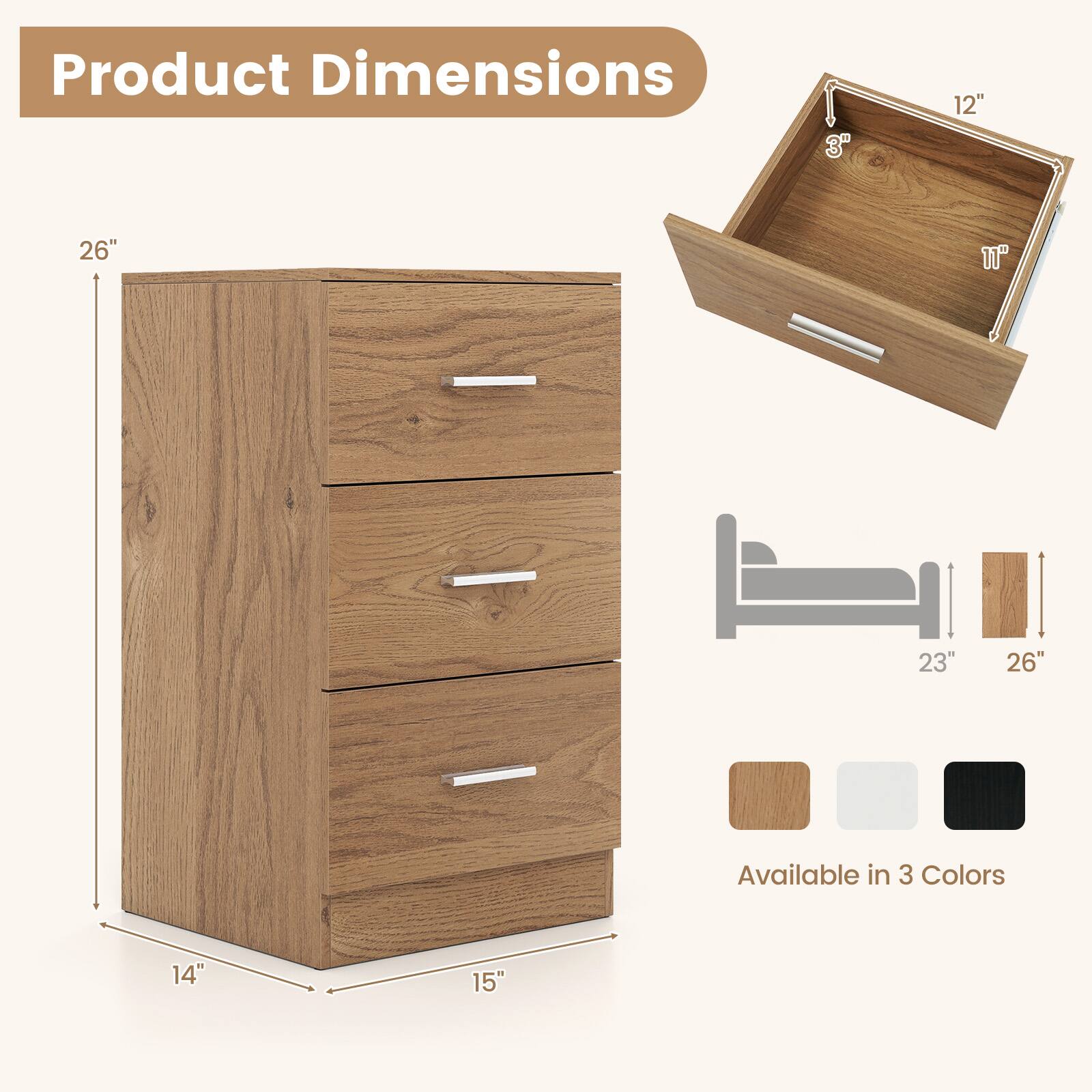Product Dimensions  
3"  
12"  
26"  
11"  
ET 23" 26"  
Available in 3 Colors  
14"  
15"