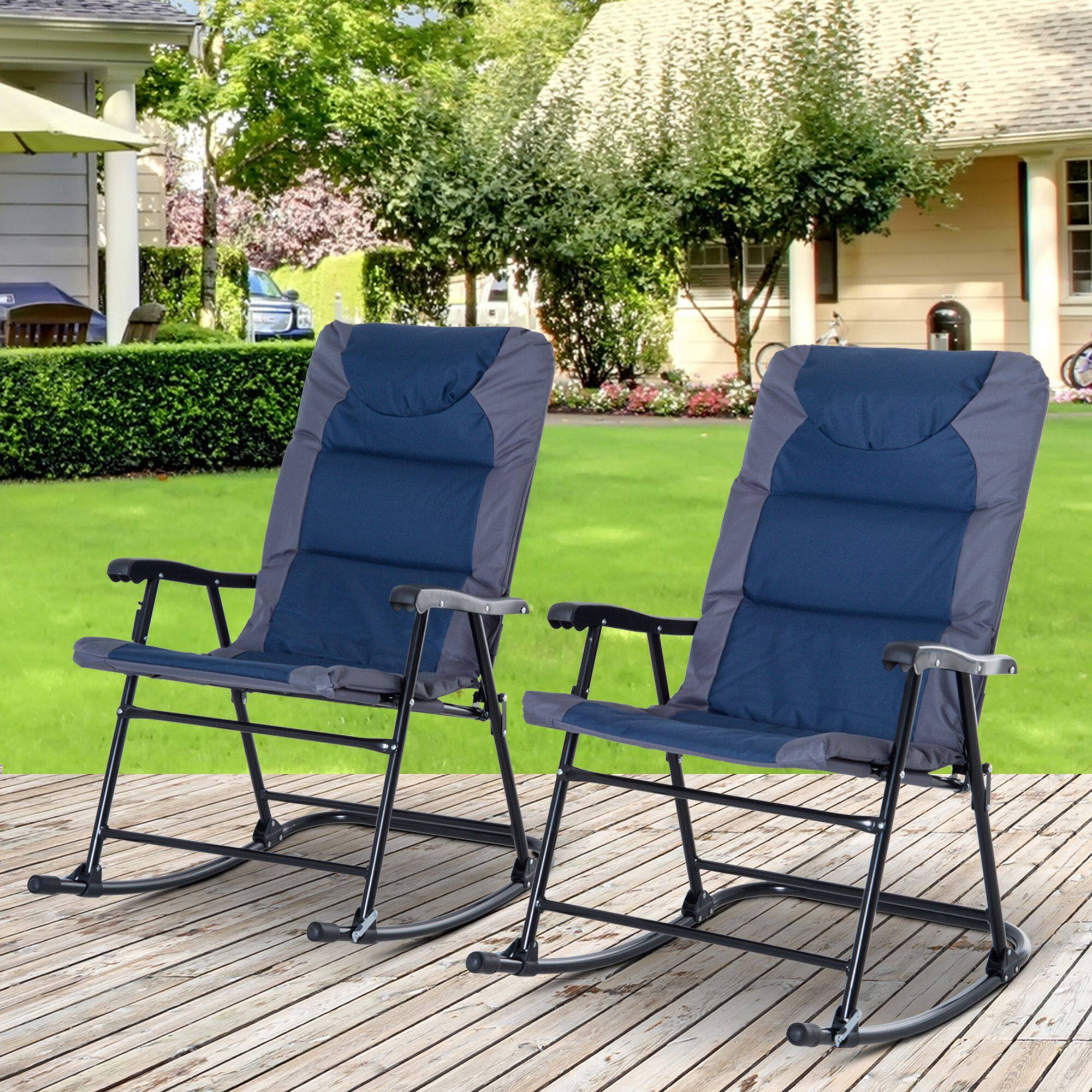 Angle. Outsunny - 2 Piece Outdoor Patio Furniture Set with 2 Folding Padded Rocking Chairs, Bistro Style for Porch, Camping, Balcony - Navy Blue.