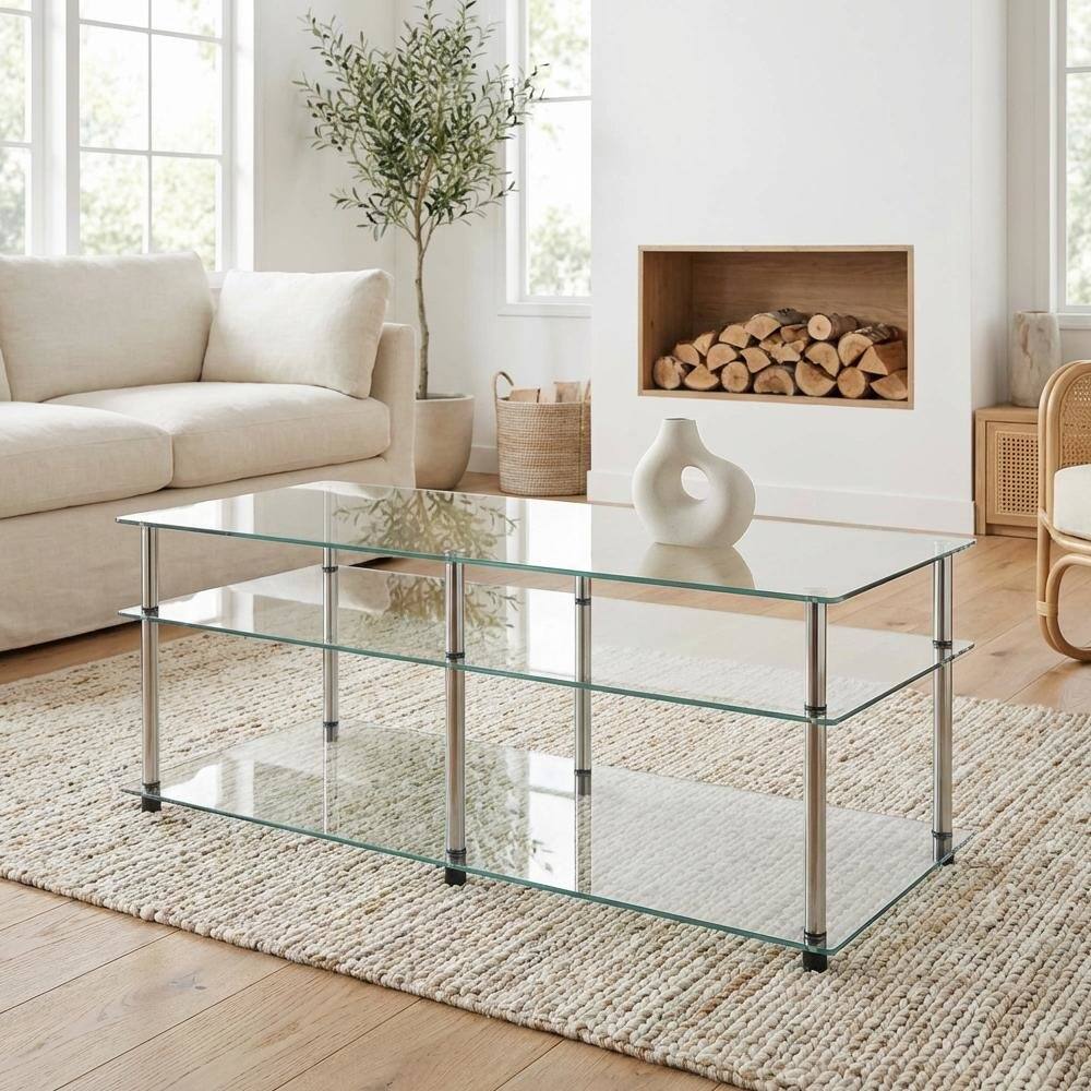 Back. FurniFact - Glass 3-Tier Coffee Table with Tempered Glass Shelves and Modern Design - Glass.