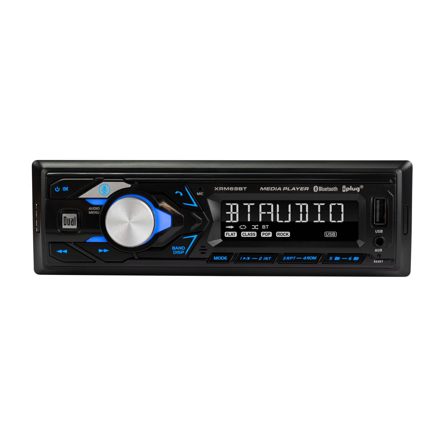 P Dual AUDIO MENU - XRM69BT MEDIA PLAYER & Bluetooth Bplug MIC BT AUDIO - C> H B USe FLAT CLASS POP ROCK USB BAND DISP 7 Aux MODE ThE - -2INT ee 2 INT a BRPT MORE & a S