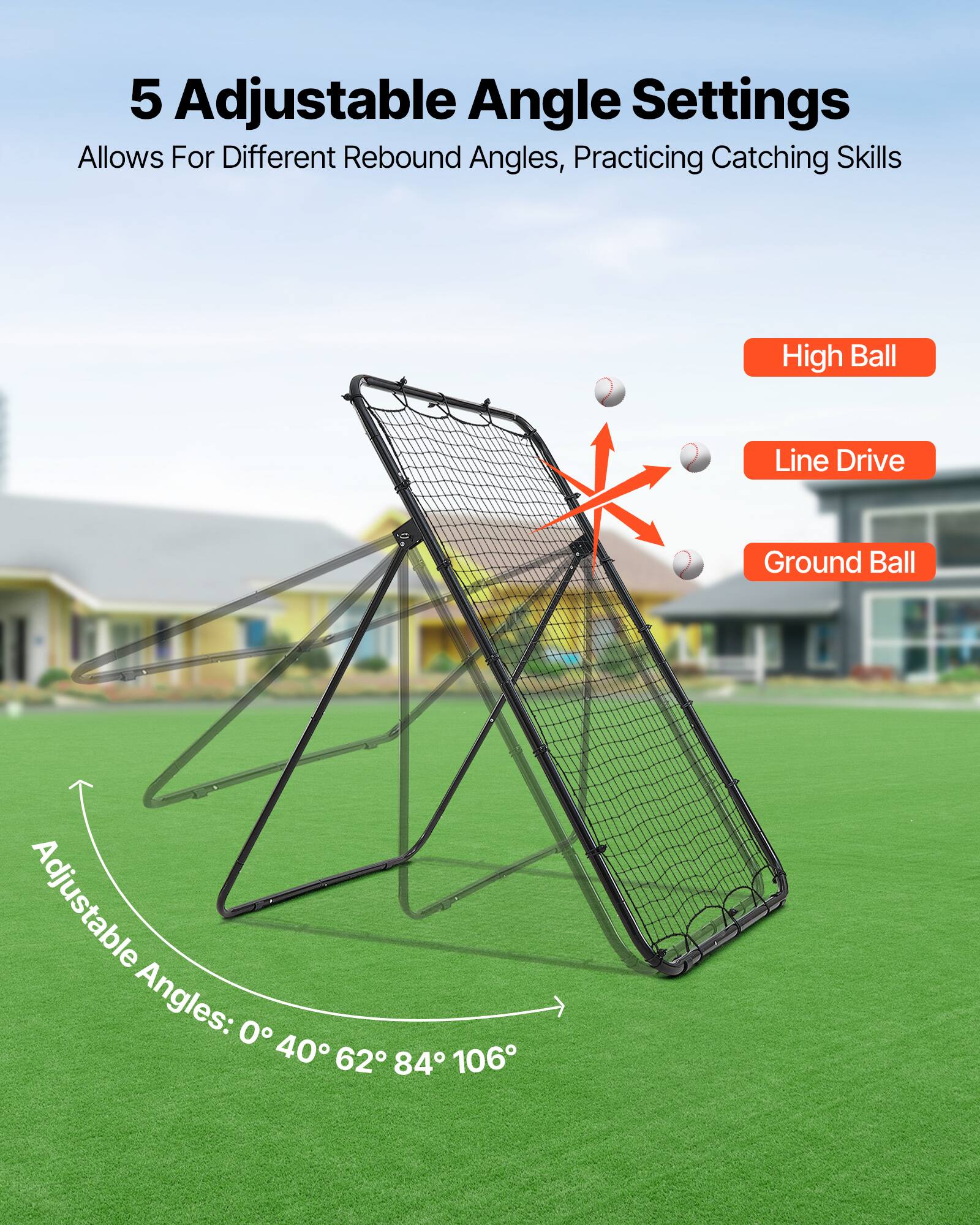 5 Adjustable Angle Settings Allows For Different Rebound Angles, Practicing Catching Skills High Ball Line Drive Ground Ball Adjustable Angles: 0° 40° 62° 84° 106°