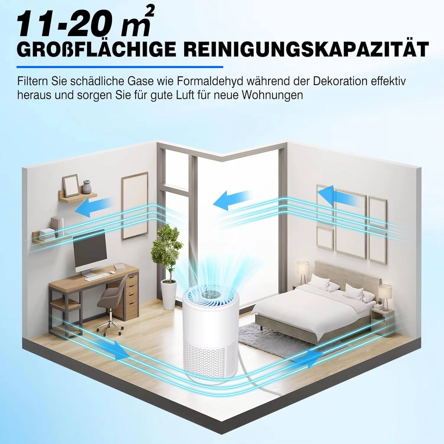 11-20 m²  
GROBFLÄCHIGE REINIGUNGSKAPAZITÄT  

Filtern Sie schädliche Gase wie Formaldehyd während der Dekoration effektiv heraus und sorgen Sie für gute Luft für neue Wohnungen