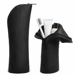 Mber - Soft Silicone Toiletry Pouch Bag, Portable Stand-Up Toiletry Travel Case, Makeup Brush Holder - Black