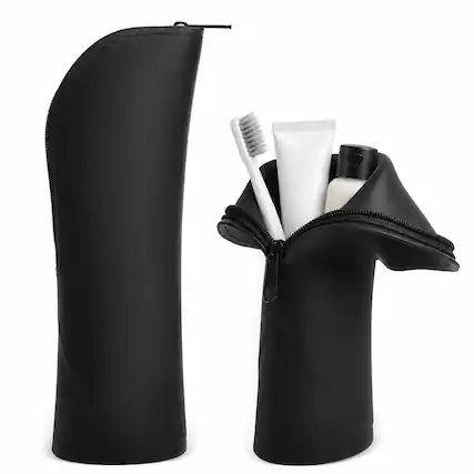 Front. Mber - Soft Silicone Toiletry Pouch Bag, Portable Stand-Up Toiletry Travel Case, Makeup Brush Holder, Black - Black.
