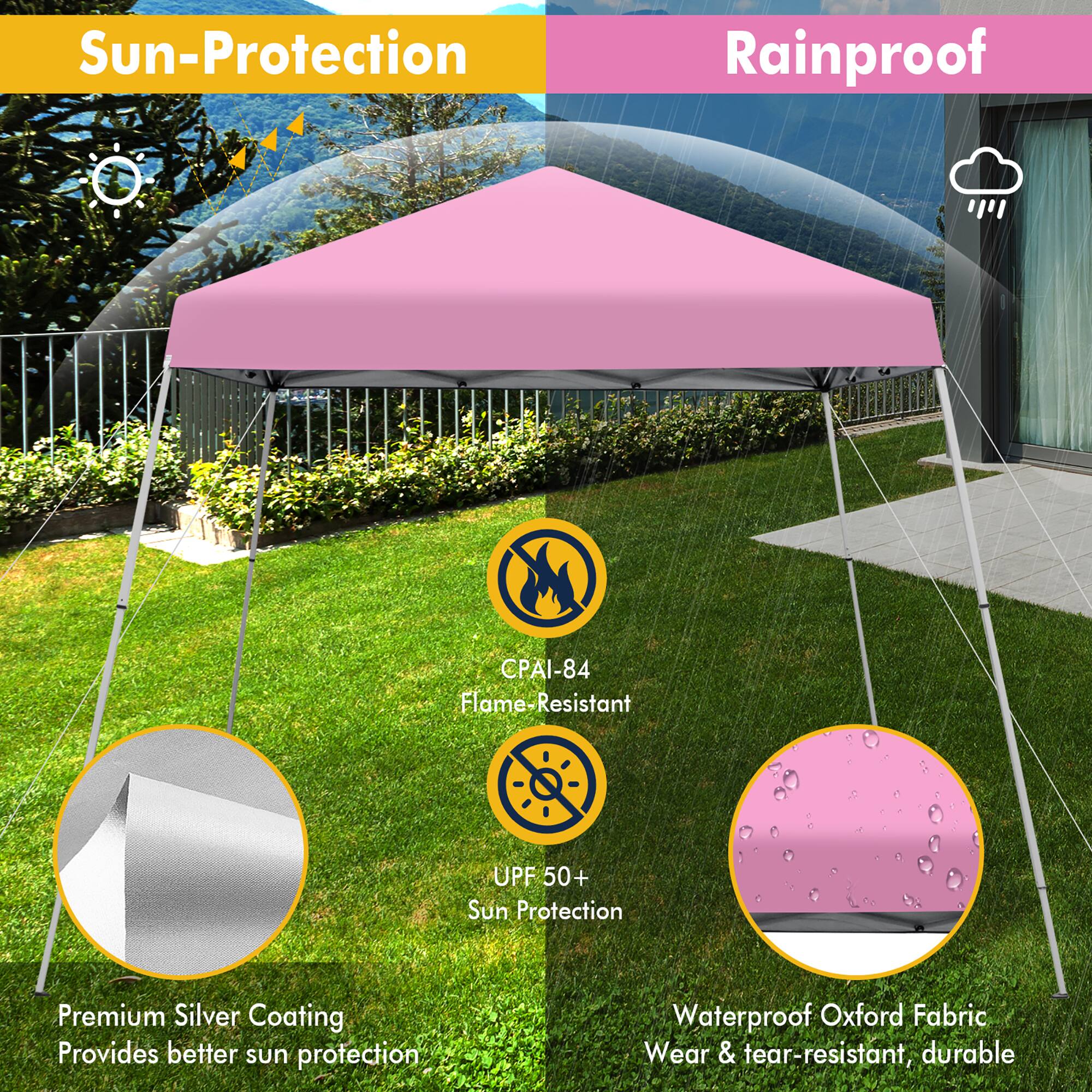 Sun-Protection  
Rainproof  

CPAI-84 Flame-Resistant  
UPF 50+ Sun Protection  

Premium Silver Coating  
Provides better sun protection  

Waterproof Oxford Fabric  
Wear & tear-resistant, durable