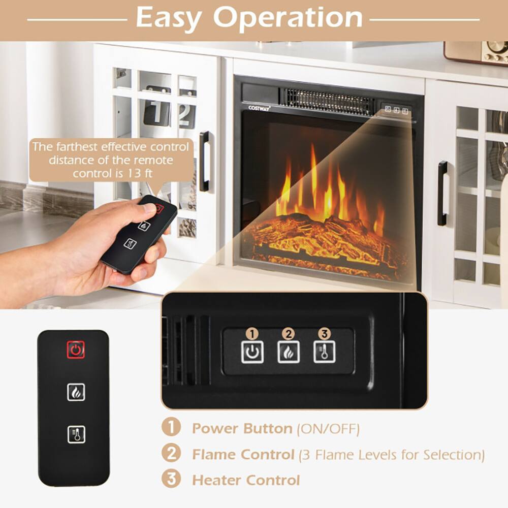 Easy Operation

The farthest effective control distance of the remote control is 13 ft.

1. Power Button (ON/OFF)
2. Flame Control (3 Flame Levels for Selection)
3. Heater Control