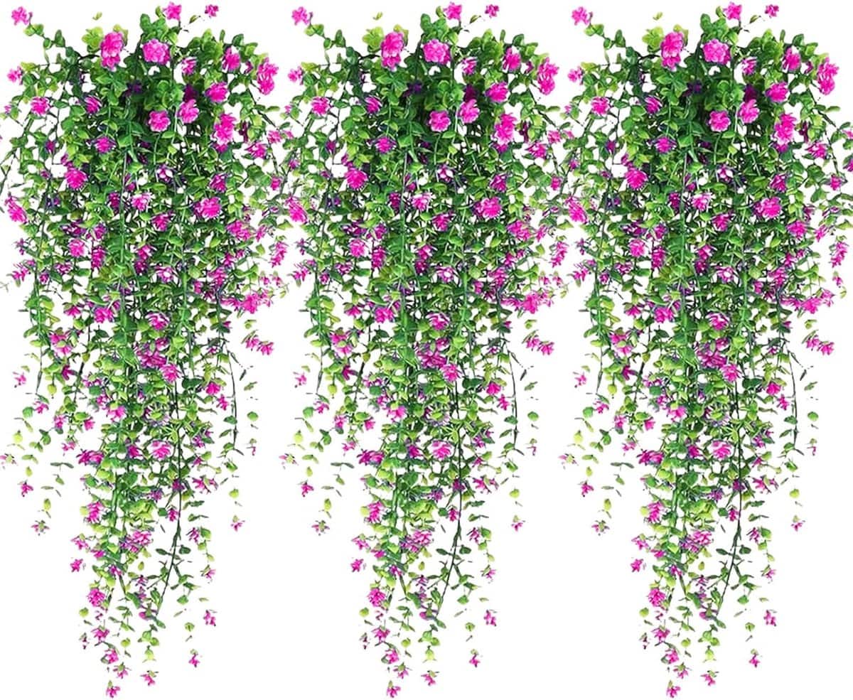 Front. Auledio - 3 Pieces Artificial Hanging Flowers, Outdoor Artificial Hanging Plants for Garden, Patio, Decoration (Pink-Red) - Red.