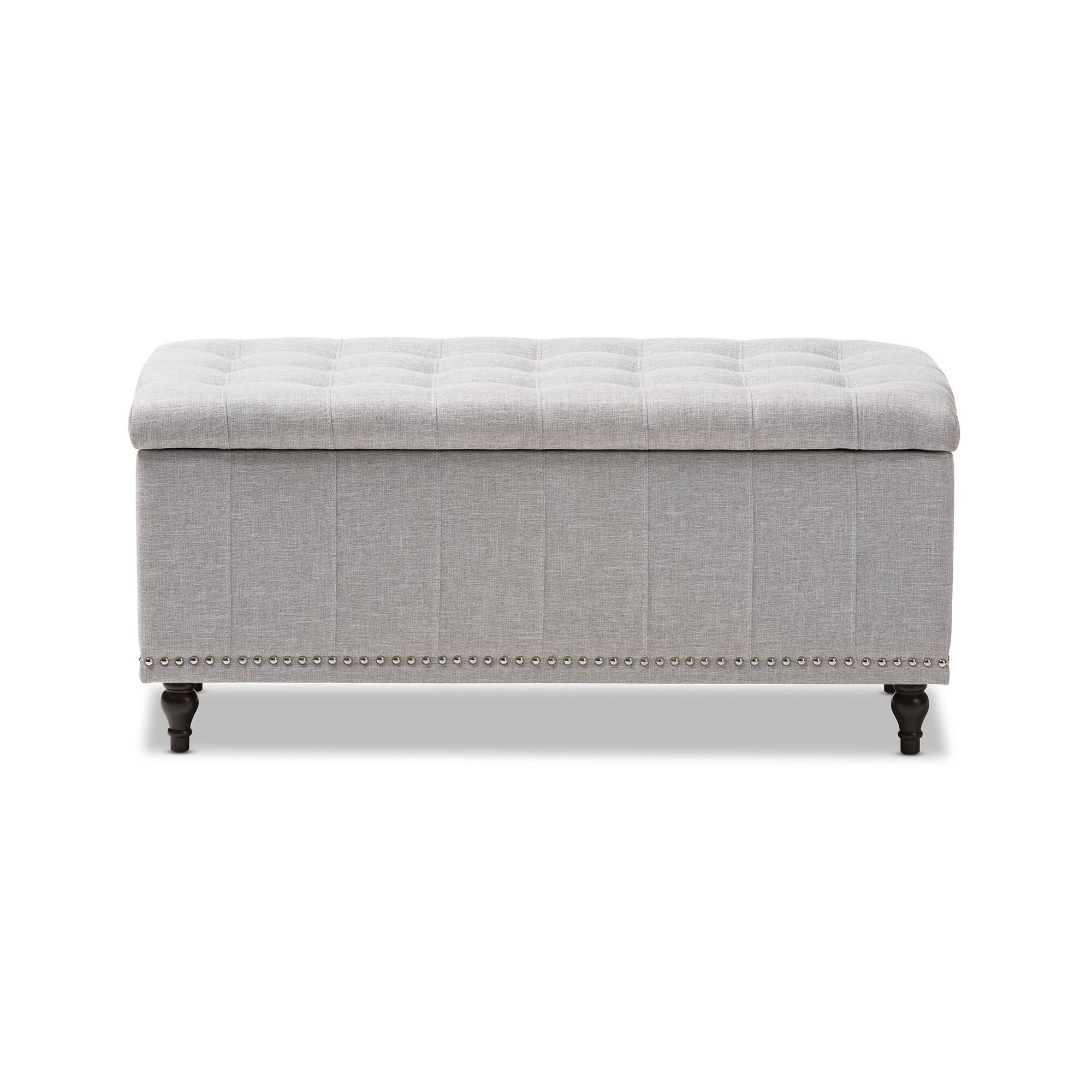 Left. Baxton Studio - Kaylee Modern Classic Fabric Upholstered Button-Tufting Storage Ottoman Bench - Grayish Beige.