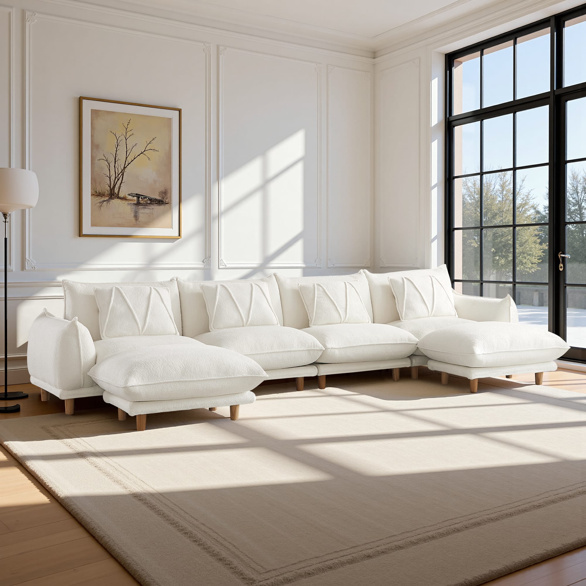 Meqiodas - Modular Sectional Sofa with Ottoman, Modern L-Shaped Couch Cloud Couch with Ottoman & 4.7" High Legs - Beige(4+2)