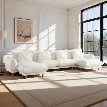 Front. Meqiodas - Modular Sectional Sofa with Ottoman, Modern L-Shaped Couch Cloud Couch with Ottoman & 4.7" High Legs - Beige(4+2).