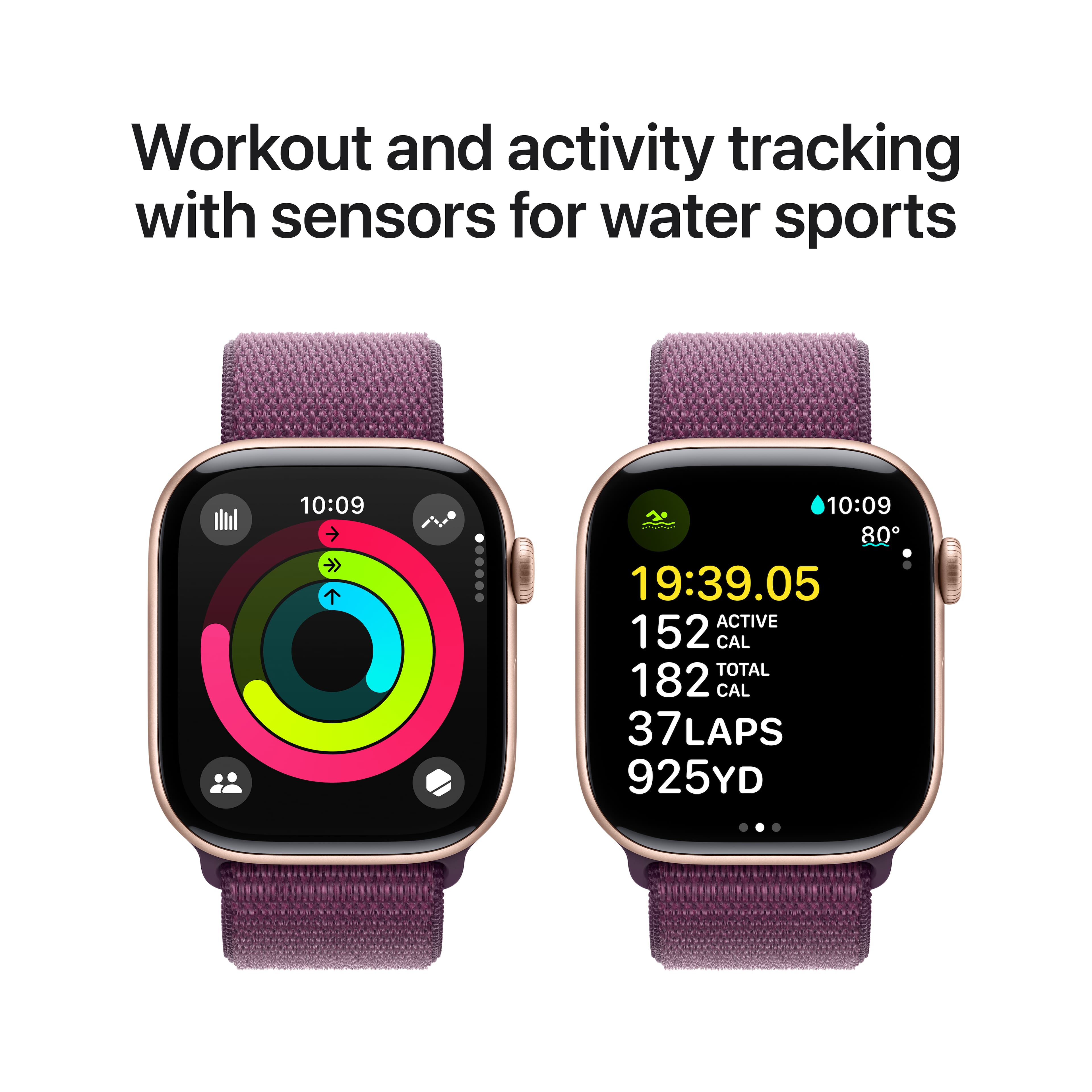 Workout and activity tracking with sensors for water sports: 10:09 # 10:09 80 19:39.05 ACTIVE 152 CAL TOTAL 182 CAL 37 LAPS 925YD.